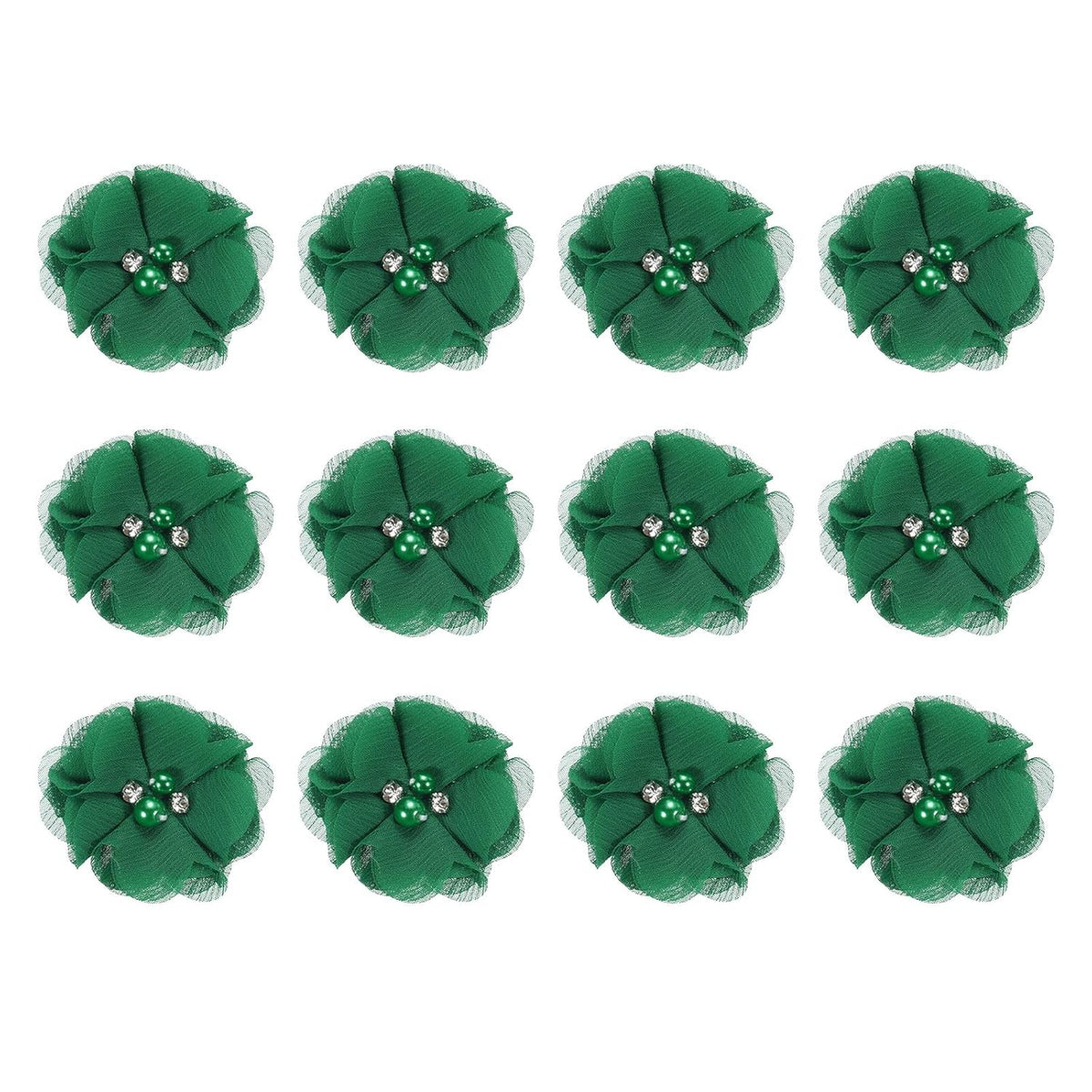 Artificial Rhinestone Chiffon Flower Heads, Green Faux Flowers 2 Inch For Diy Craft Wedding And Party Decoration Pack Of 12