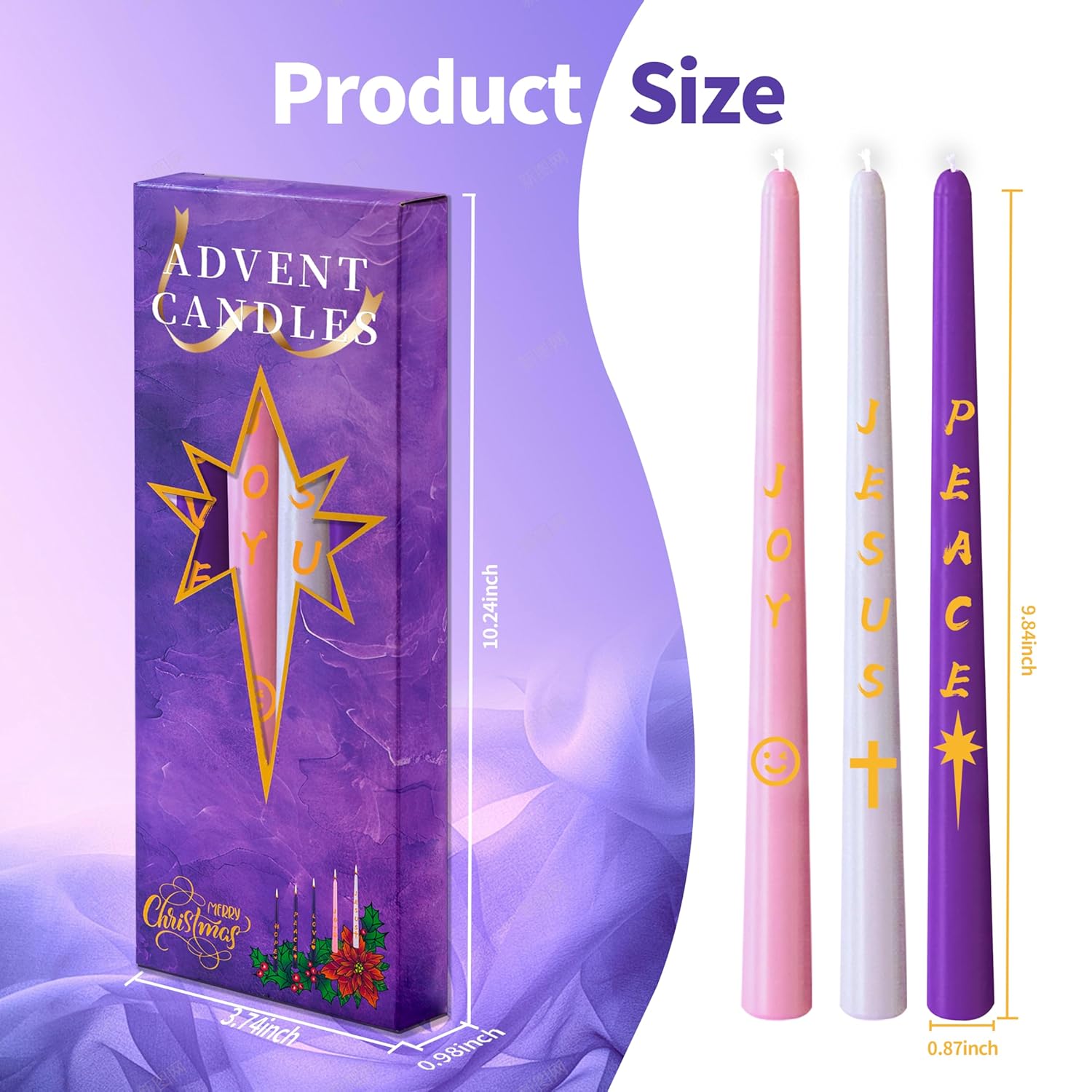 Advent Candles Set Of 5, Unscented Christmas Taper Candle With Letters & Pattern, 10 Inch X 7/8 Inch Dripless Advent Wreath Nativity Candle For Holidays, Church, Devotional, Celebration, Party