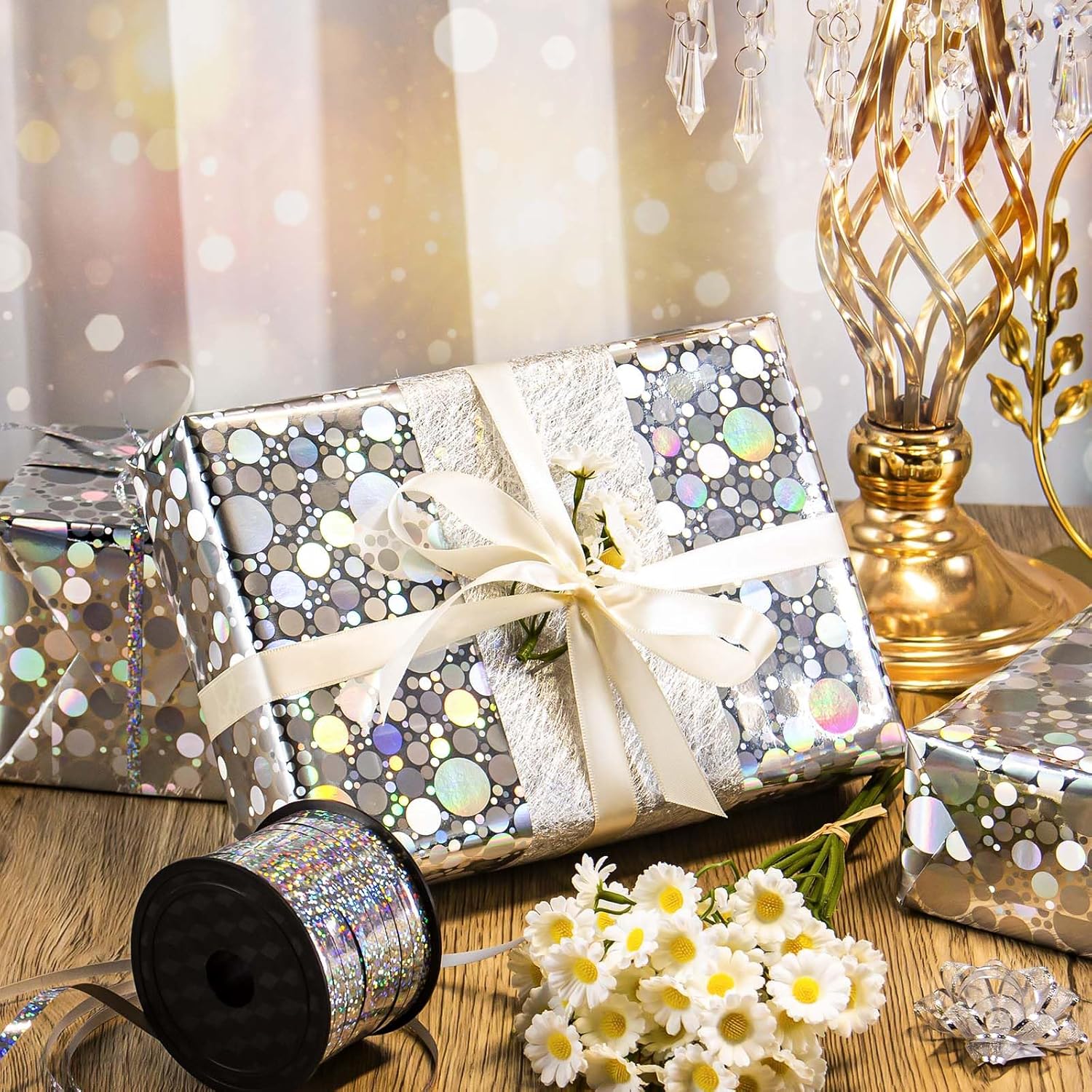 Silver Dots Wrapping Paper, 17 Inches X 32.8 Feet Colorful Holographic Iridescent Birthday Wrapping Paper Roll For Wedding Bridal Shower Holiday Valentine'S Day, Mother'S Day