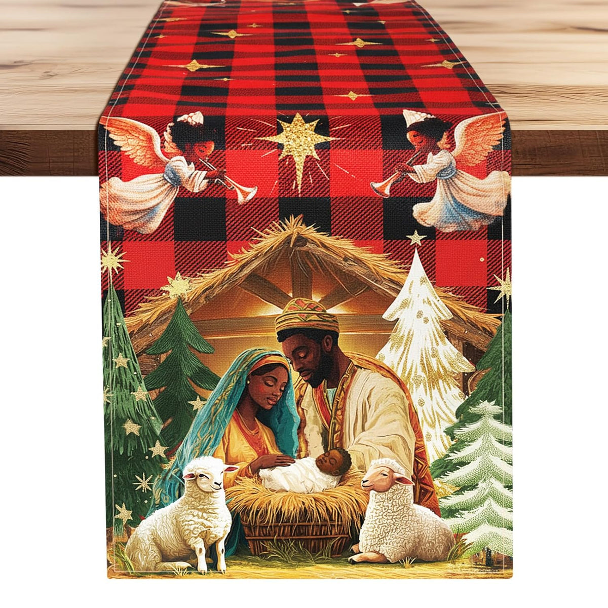 African American Religious Christmas Table Runner Buffalo Plaid Black Jesus Nativity Scene Table Runner For Home Decoration Xmas Winter Holiday Kitchen Decor (13" X 72")