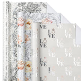 Wedding Floral Wrapping Paper Roll, Silver Flowers & Love Ring, Metallic Foil Design For Wedding, Engagement, Bridal Shower, Anniversary, Mini Roll, 17 X 120 Inches, 3 Rolls