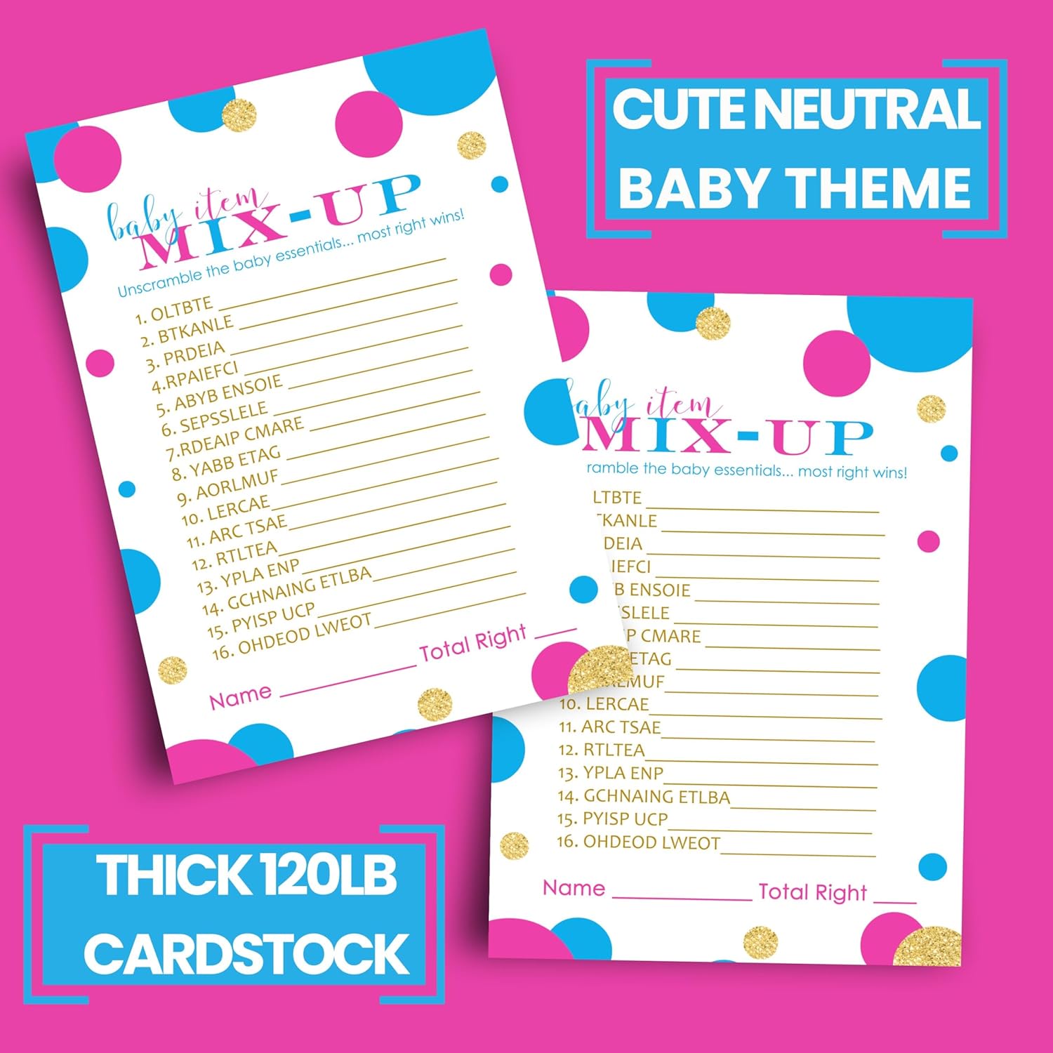 Baby Shower Games - Word Scramble For Boys Or Girls - Gender Reveal Activity Cards - Pink And Blue Theme - 25 Pack, 4X6 Size