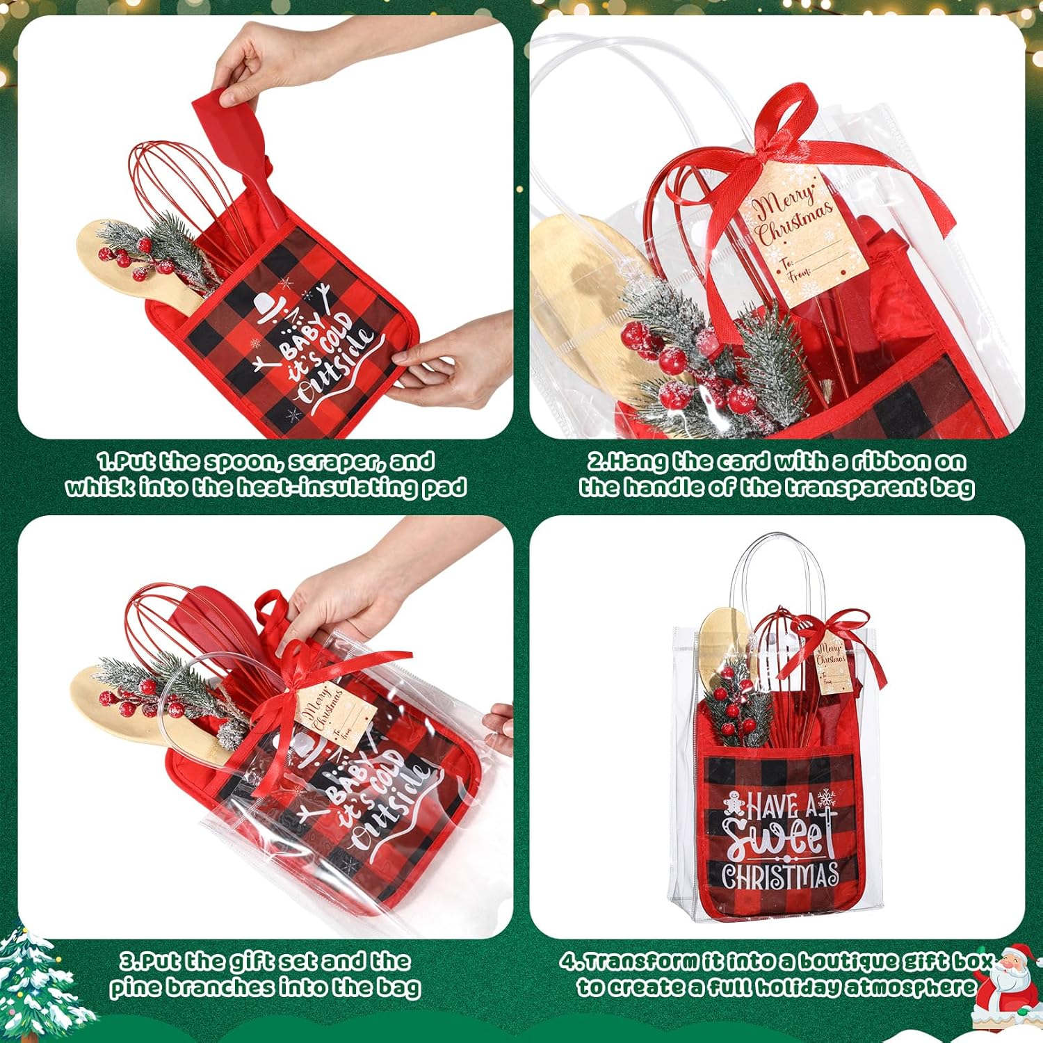 58 Pcs Christmas Kitchen Gift Set Merry Christmas Pot Holders Xmas Supplies With Spatula Whisk Card Cooking Baking Gift For Xmas Party Decor Friends Family Baking Lover Presents (Plaid)
