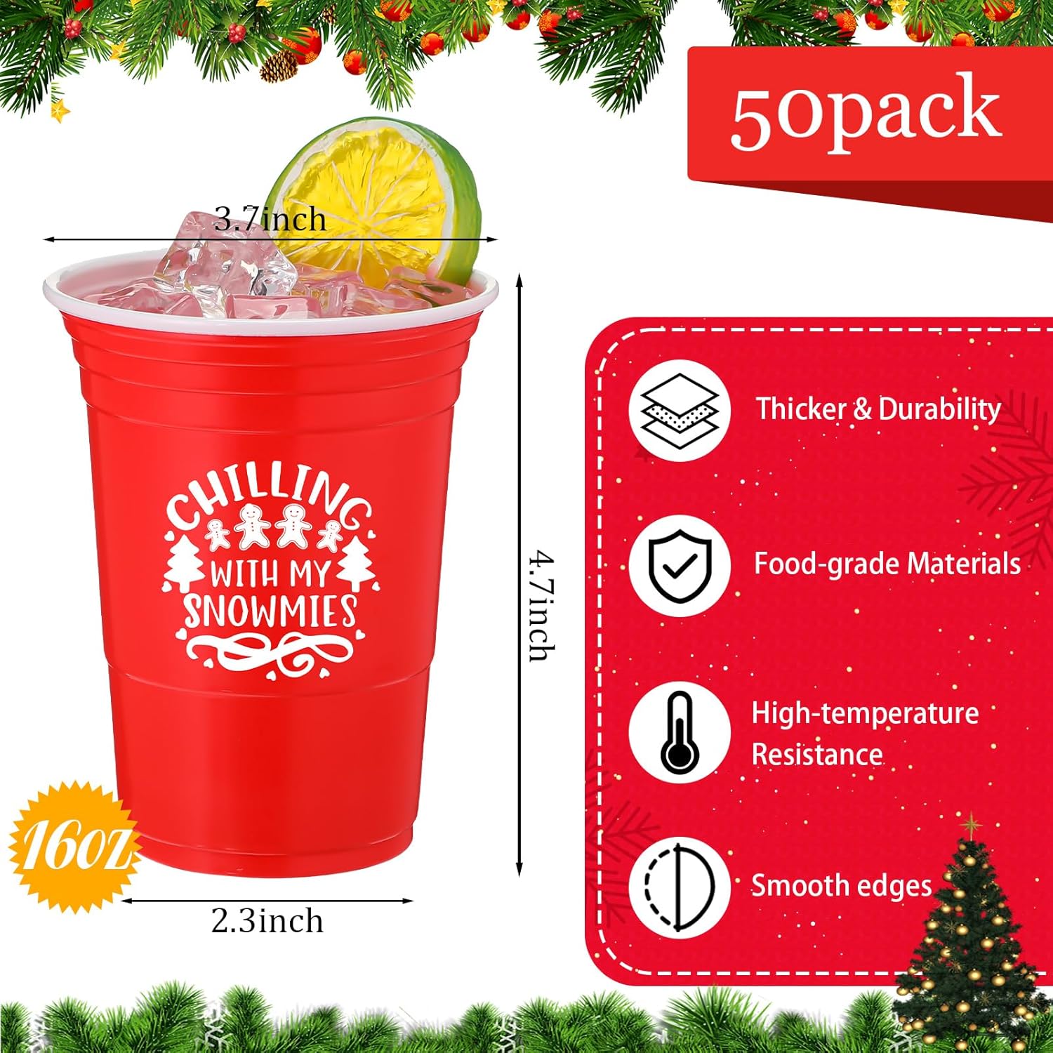 50 Pcs 16 Oz Disposable Christmas Plastic Cups Christmas Plastic Party Cups Red Merry Joy Christmas Cups Bulk For Drinking Xmas Holiday Party Decoration Beverage Snacks Beer, 5 Styles