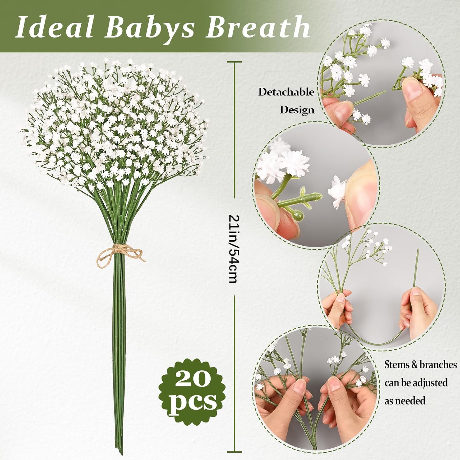Babys Breath Artificial Flowers, 20Pcs Baby Breath Flowers Artificial Bulk, Fake White Gypsophila Babies Breath Real Touch Flowers For Wedding Bouquet Floral Arrangement Party Home Decor
