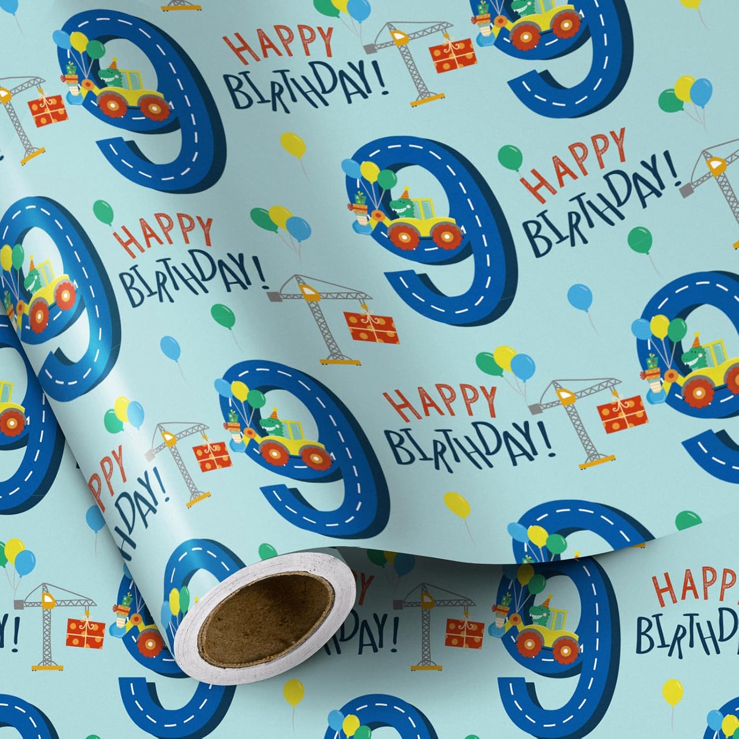 Birthday Wrapping Paper For Boy - Mini Roll - Dinosaur Truck Happy Birthday Design For Boys' Birthday Party And More - 17 Inches X 16.4 Feet - 9 Year Old