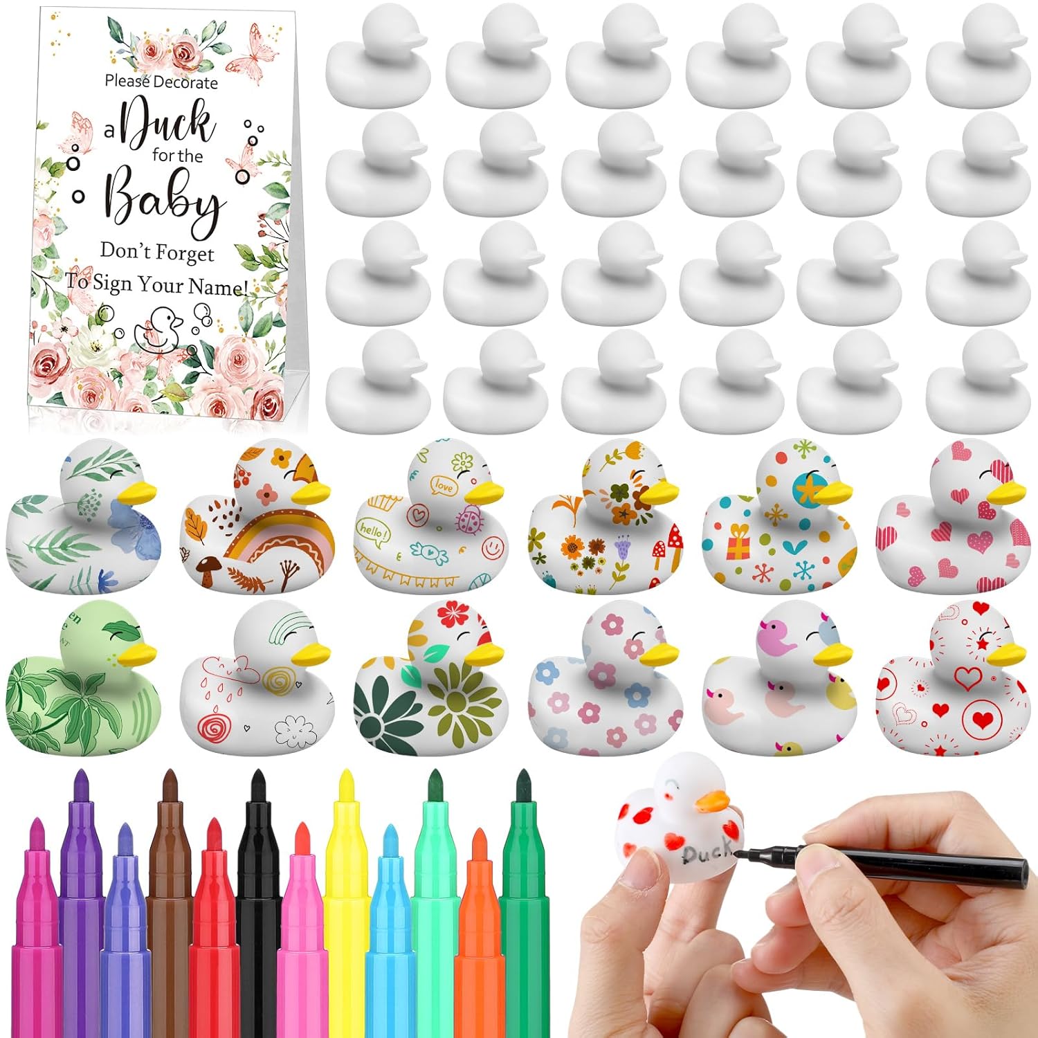 45 Pcs Baby Shower Decorate Ducks Game Set Includes Baby Shower Game Sign 32 Diy White Blank Rubber Ducks 12 Paint Marker For Gender Revel(Flower)