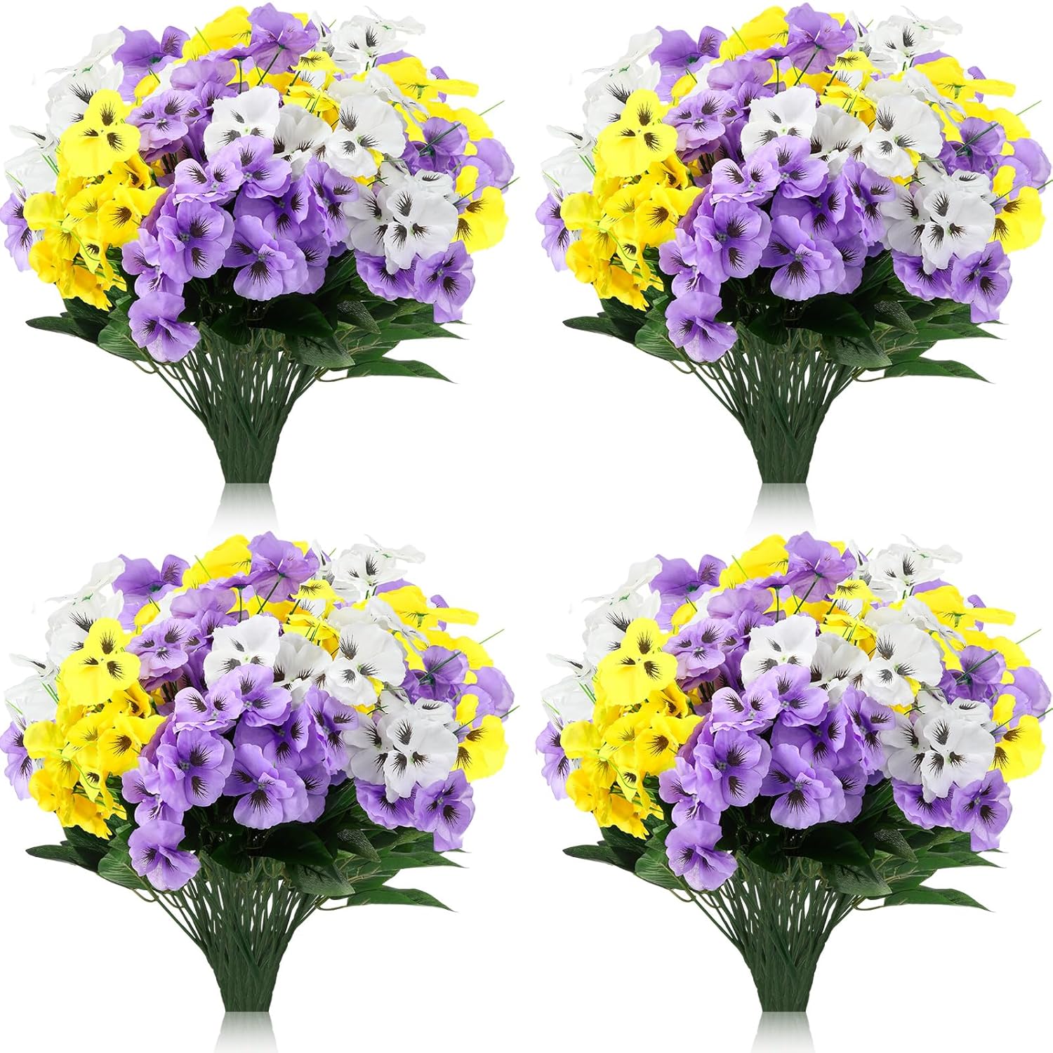 50 Bundles Artificial Flowers Outdoor Uv Resistant Faux Silk Pansy Flowers Bulk Plastic Fake Plants For Home Wedding Kitchen Garden Table Centerpieces Summer Decor, Purple, Yellow, White