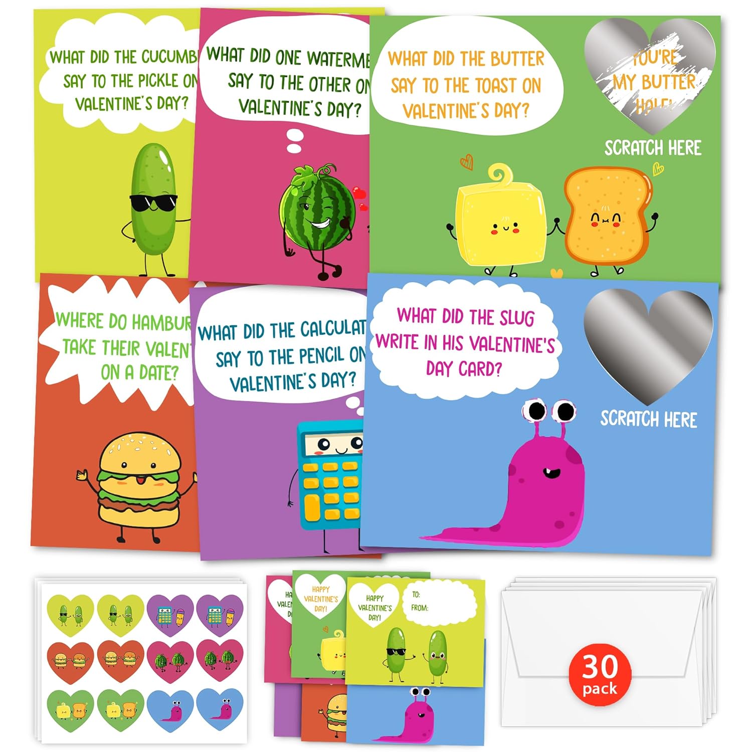 Funny Joke Valentine'S Day Cards For Kids Classroom, 30 Pack Valentine Cards With 36 Stickers & 30 Envelops, Valentines Gifts For Boys Girls
