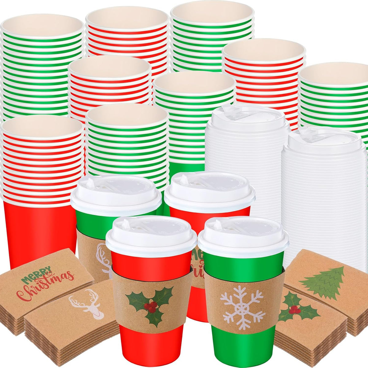 50 Pack 16 Oz Christmas Disposable Coffee Cups With Lids And Sleeves Merry Christmas Paper Coffee Cups Red And Green Drinking Cup For Beverage Cold Hot Drinks Holiday