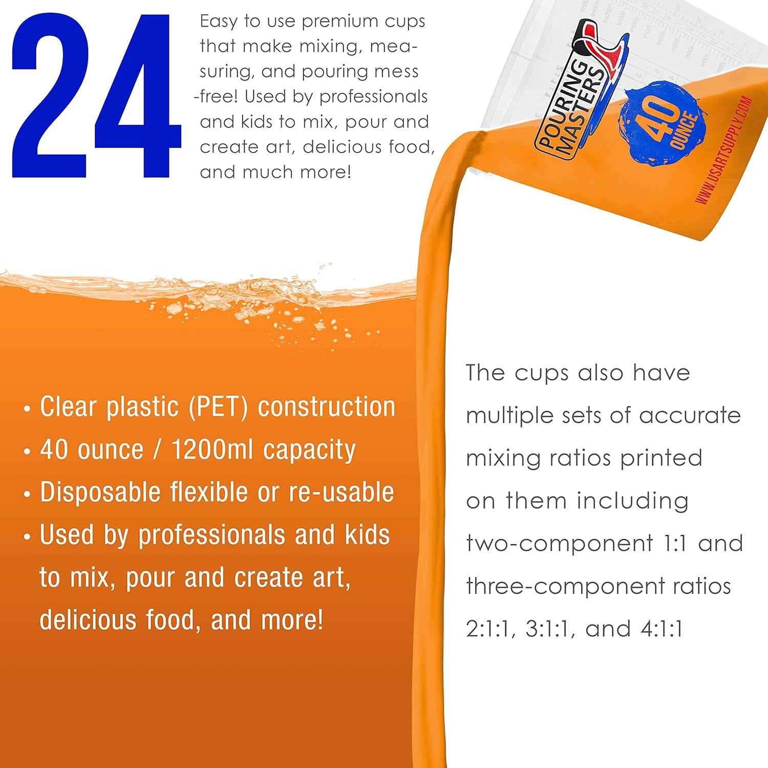 40 Ounce (1200Ml) Graduated Plastic Mixing Cups (Box Of 24) - Paint Mixing Cups For Epoxy Resin, Art, Kitchen, Baking - Measurements In Oz And Ml, 4 Different Measuring Ratios 1:1