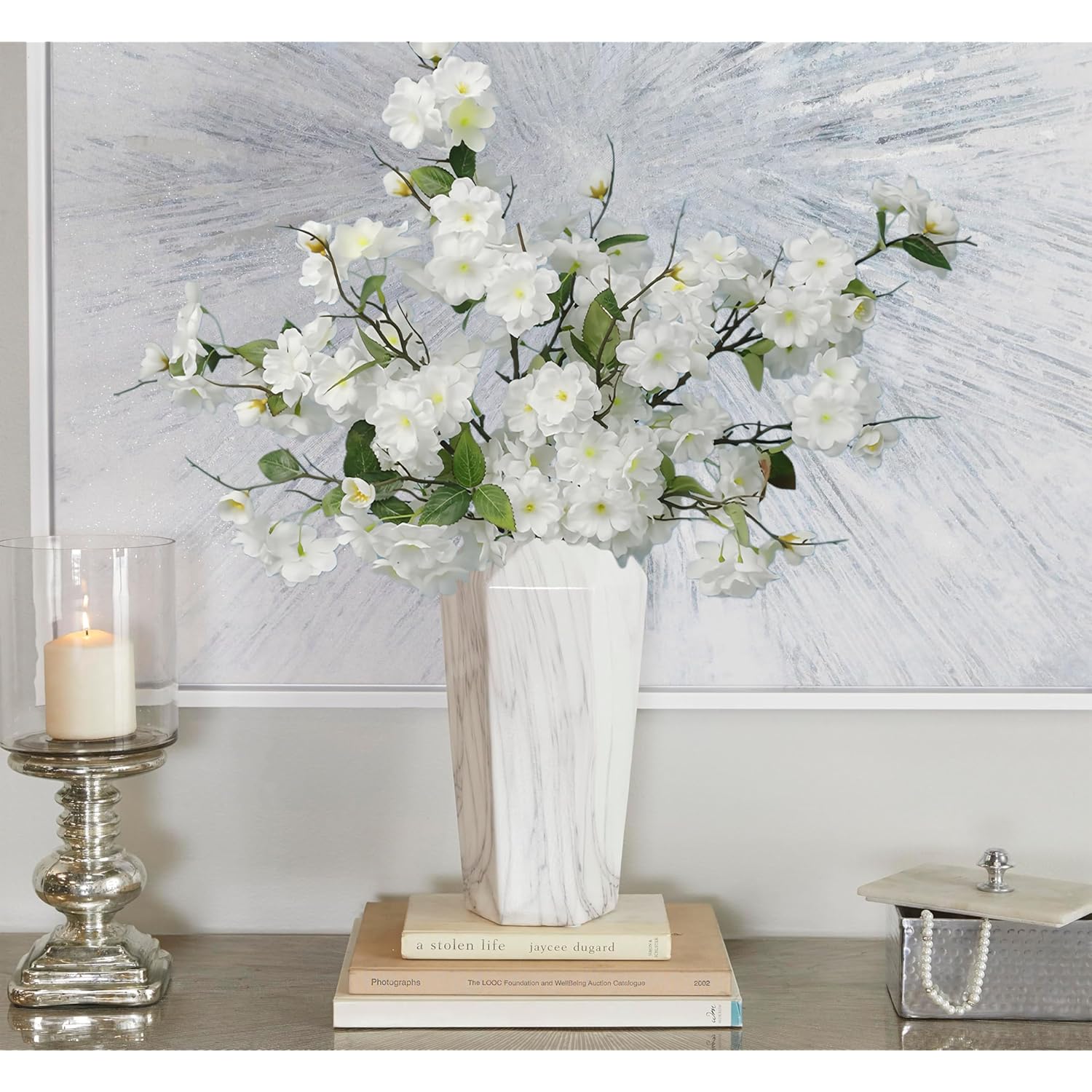 2Pcs Artificial Cherry Blossom Flower Bulk Plum White Silk Peach Flowers Cherry Blossom Branches With Leaves For Spring Summer Decor Home Wedding Party Table Centerpieces