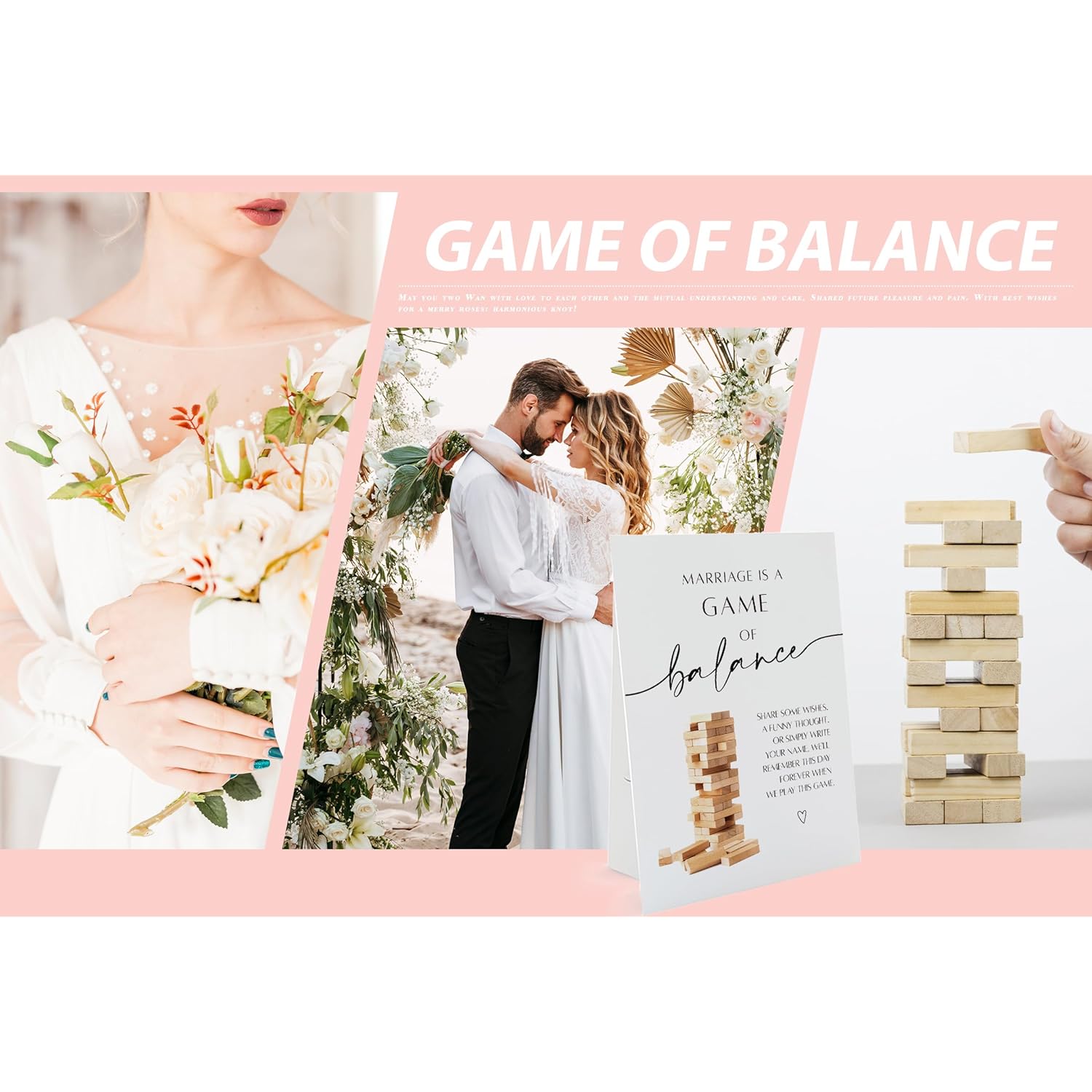 Marriage Is A Game Of Balance (8 X 11 Inch Table Sign With Holder), Tumbling Tower Game Sign For Wedding Bridal Shower, Minimalist Wedding Decoration-Weeds04