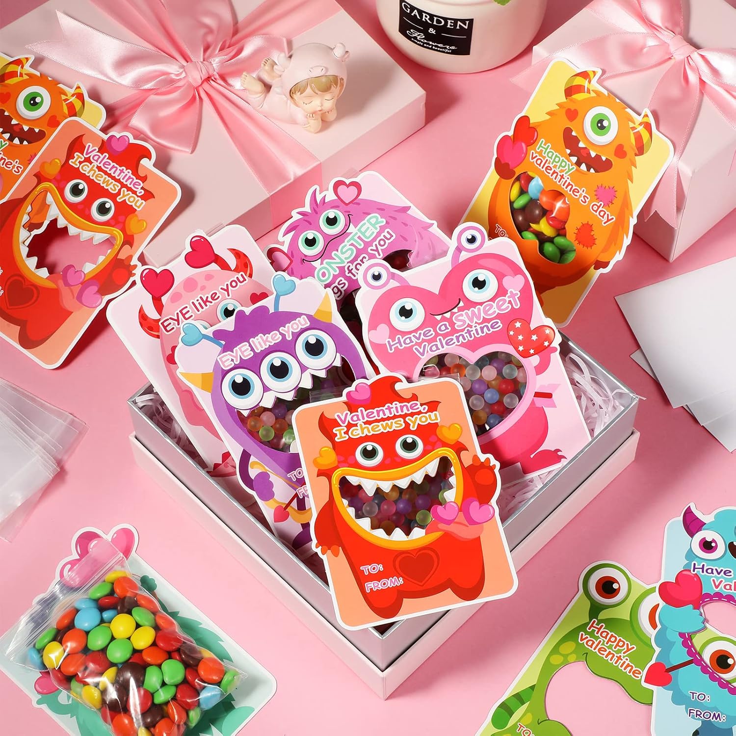 60 Pack Valentine S Day Gift Cards Kids Cute Monster Theme With Hollow Valentine'S Greeting Gift Set For Kids Friendship School Classroom Exchange Gifts Party Favor Candy Not Included
