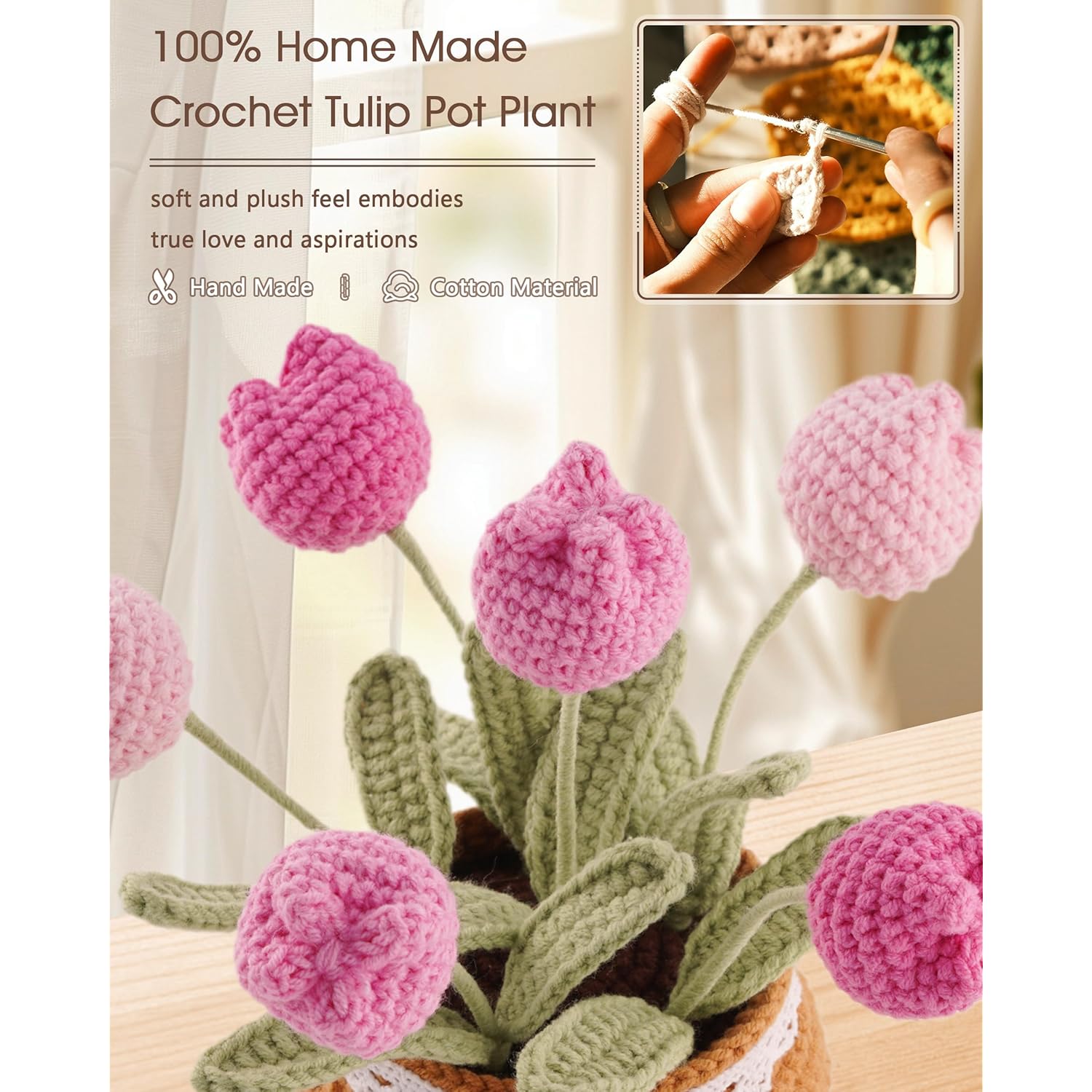 Valentines Day Gift Crochet Tulips Pot - Fully Handmade Crochet Flowers For Women, Knitted Flower Bouquet For Mom, Girlfriend, Teacher, Coworkers, Emotional Support Potted Plants Gifts, Pink
