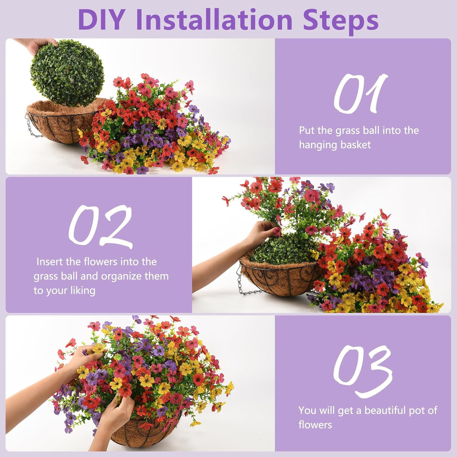 Artificial Flowers Hanging Baskets, 12 Bundles Faux Flower Outdoor Hanging Basket Spring Summer Decoration, Fake Flowers Plants For Porch Patio Balcony Home Yard Decor