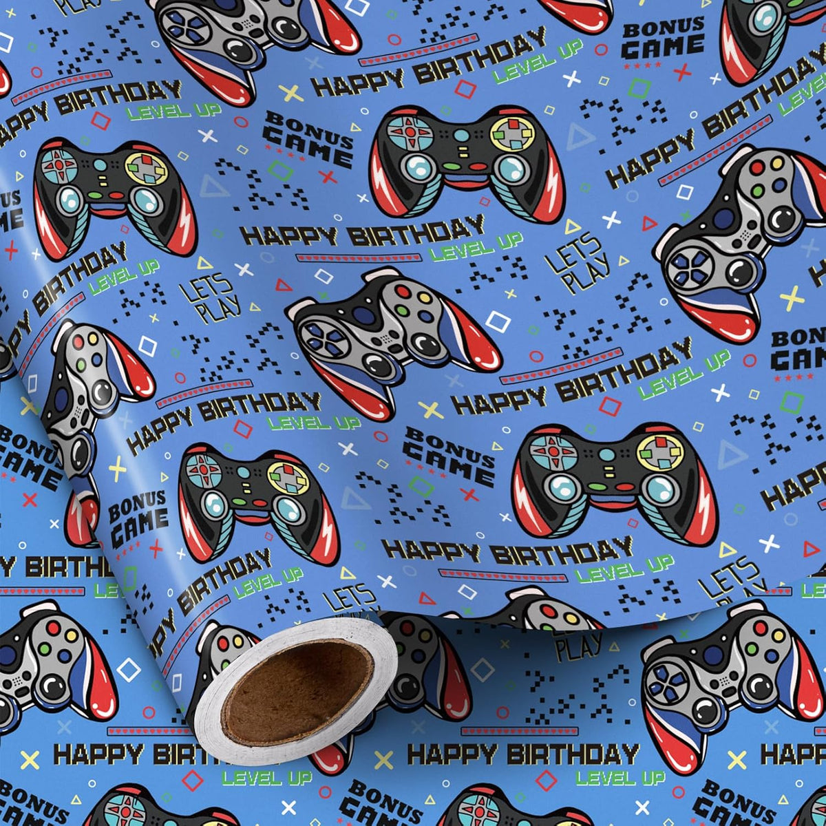 Video Game Birthday Wrapping Paper Roll For Boys, Mini Roll, Blue Game Controller Pattern And Gamer Text Gift Wrap Paper For Birthday, Game Party, Holiday, 17 Inches X 16.4 Feet