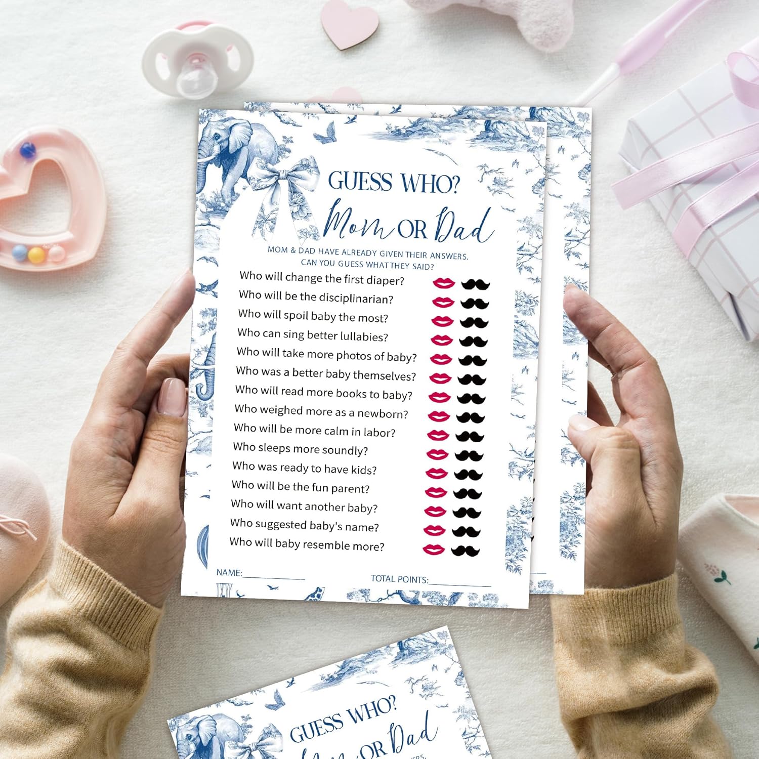 Toile Baby Shower Games, Mommy Or Daddy Game, Fun Baby Shower Party Supplies Decorations, Baby'S Announcement, Gender Neutral, 25 Blue Elephant And Bow Theme Games Cards-C05