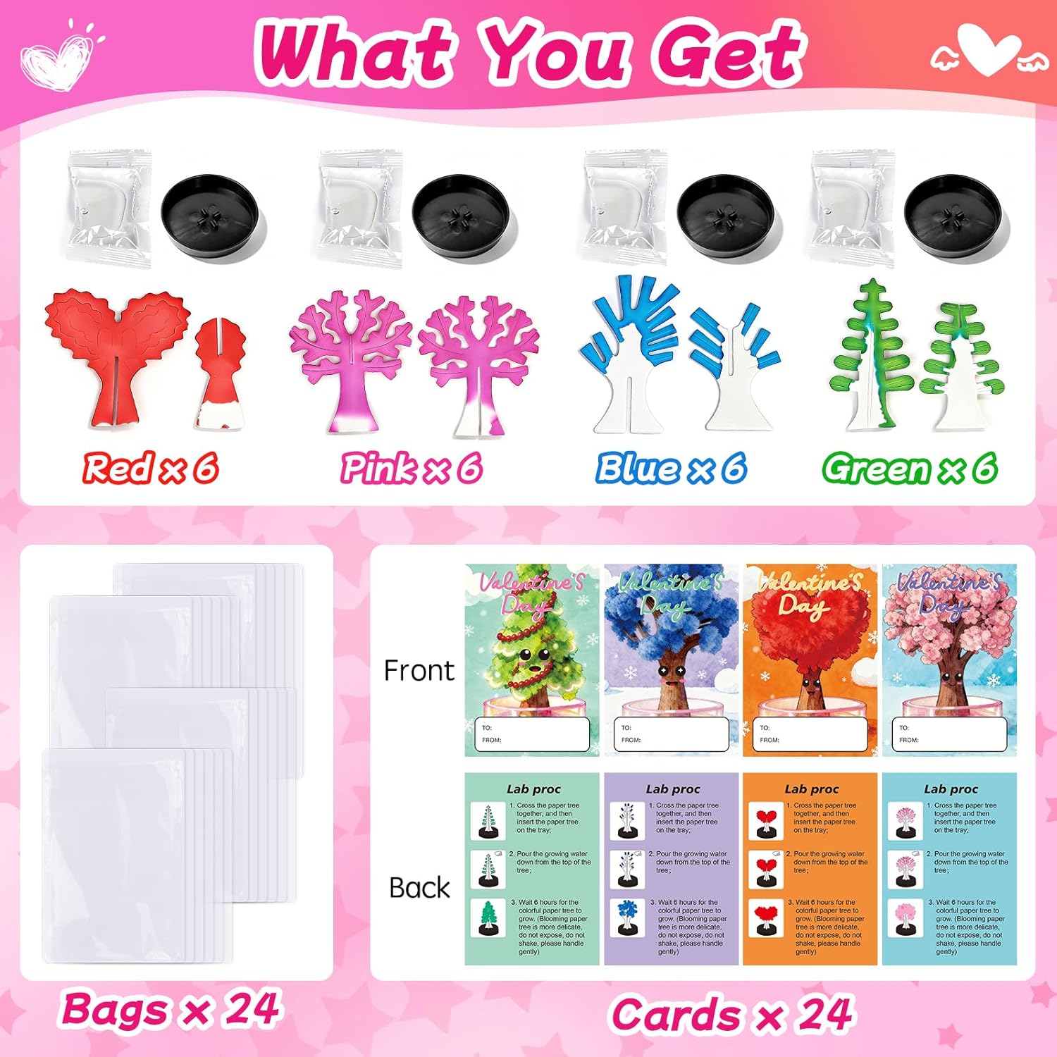 24 Pack Valentine’S Day Growing Trees Kit With Greeting Cards For Kids Stem Science Experiment Craft Party Favors School Classroom Gifts Exchange Goodie Bags For Boys And Girls
