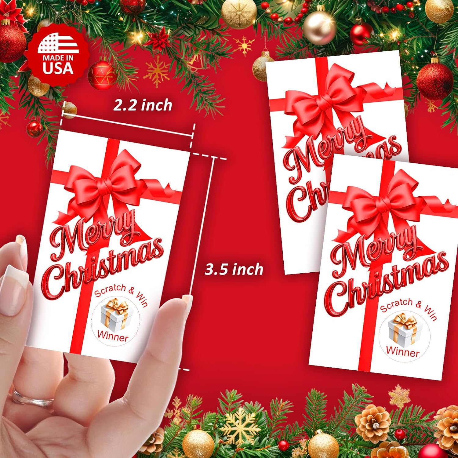 Gift Box Merry Christmas Game Scratch Off, Red Bow, Scratch & Win, Easy To Play Silly Games, Fun Idea, Ice Breaker Activity. Raffle Cards, Set Of 40 Cards Made In Usa