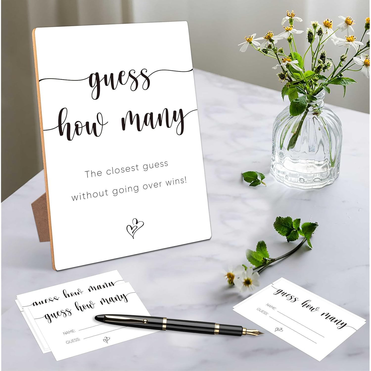 Guessing Game, Wooden Sign With Stand & 50 Cards, Party Games & Activities, 5X7 Inches, Love Theme, Bridal & Baby Showers, Office Parties