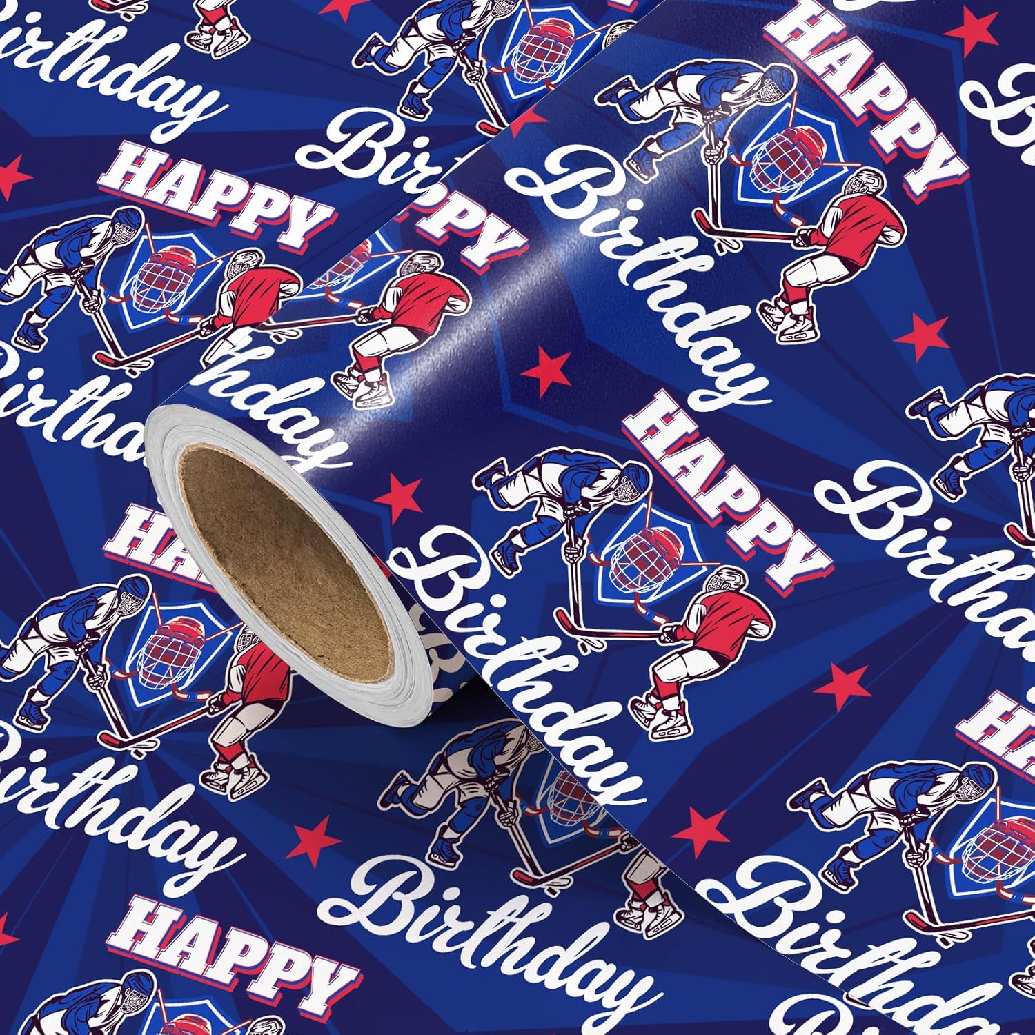 Hockey Birthday Wrapping Paper Roll - Mini Roll - 17 Inch X 16.5 Feet - Happy Birthday Sport Hockey Wrapping Paper For Boys Girls Kids Teens, Sports Party, Team Celebration