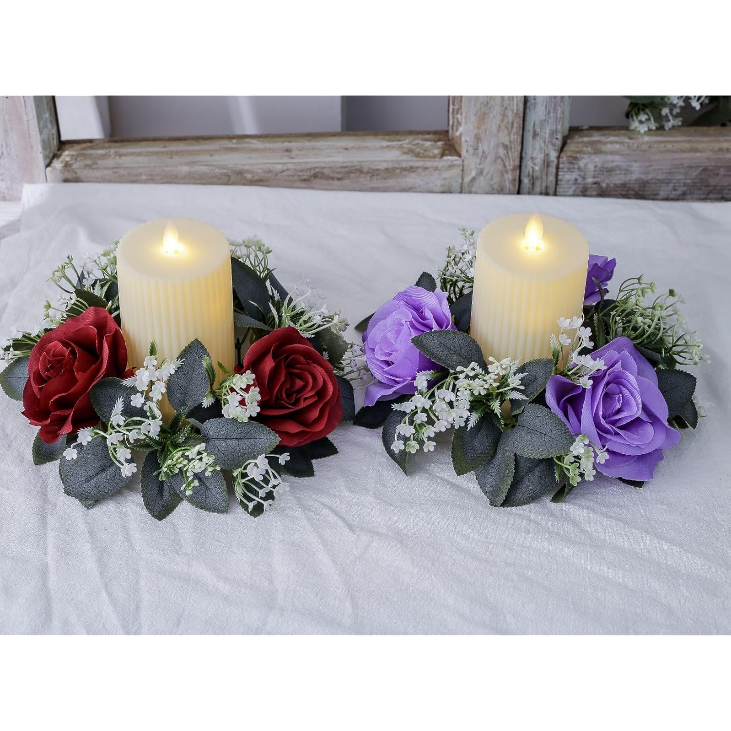 2 Pcs Artificial Rose Candle Rings Holder,Christmas Floral Wreaths With Eucalyptus Leaves Greenery Candle Rings For Pillar Candle Lantern Wedding Centerpiece Party Home Table Decor (Red)