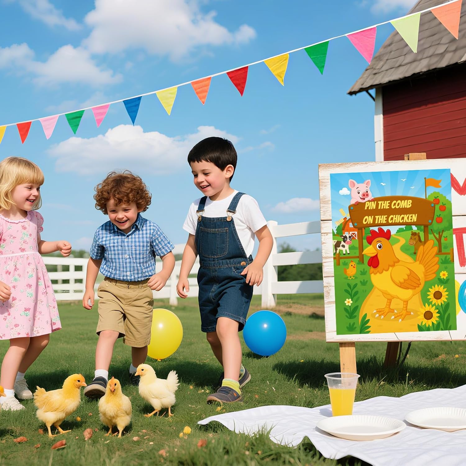 Farm Animal Party Games - Pin The Comb On The Rooster Poster With 24 Stickers & 2 Blindfolds - Rooster Crown Game Set For Barnyard Parties, Adult Group Activities & Farm Theme Decor