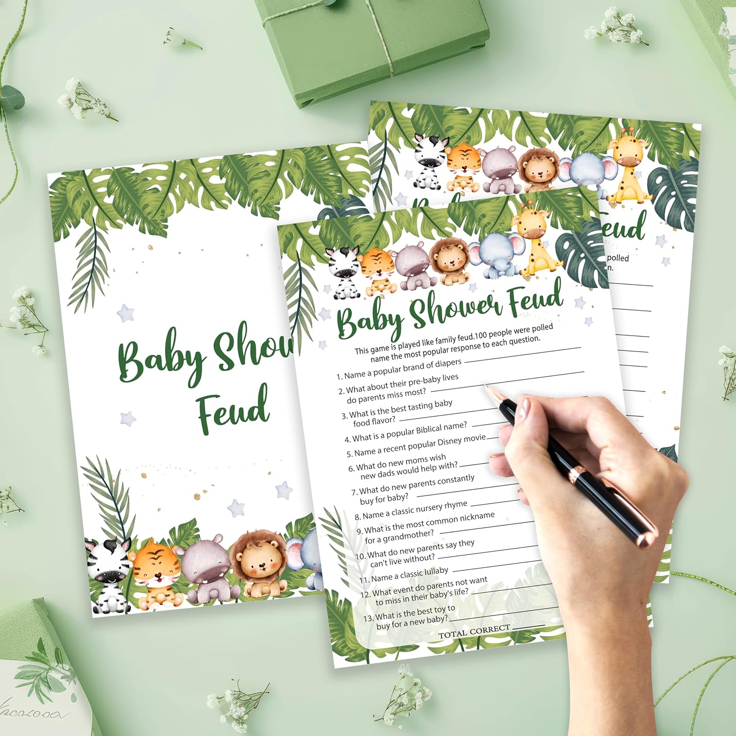 Safari Animals Baby Shower Games Cards, Baby Shower Family Feud Game Cards For New Parents Babyshower Activity, Wildlife Gender Reveal Party Games For Decorations Favors Supplies, Set Of 25 -02