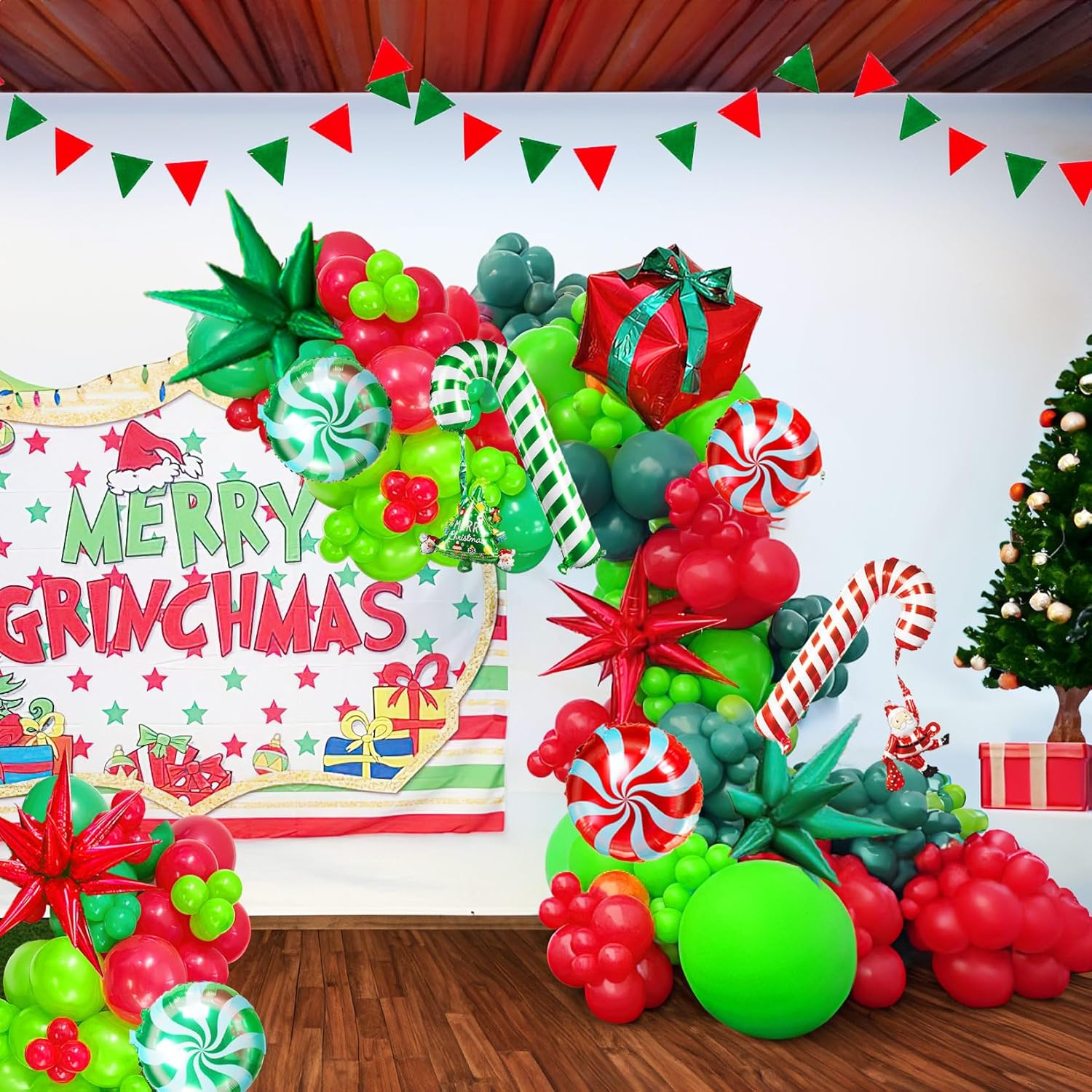 Christmas Balloon Garland Kit 120Pcs Xmas Red Green Balloons With Candy Cane Christmas Tree Gift Box Balloons For Kids Grinchmas Party Naughty Christmas Birthday Decorations