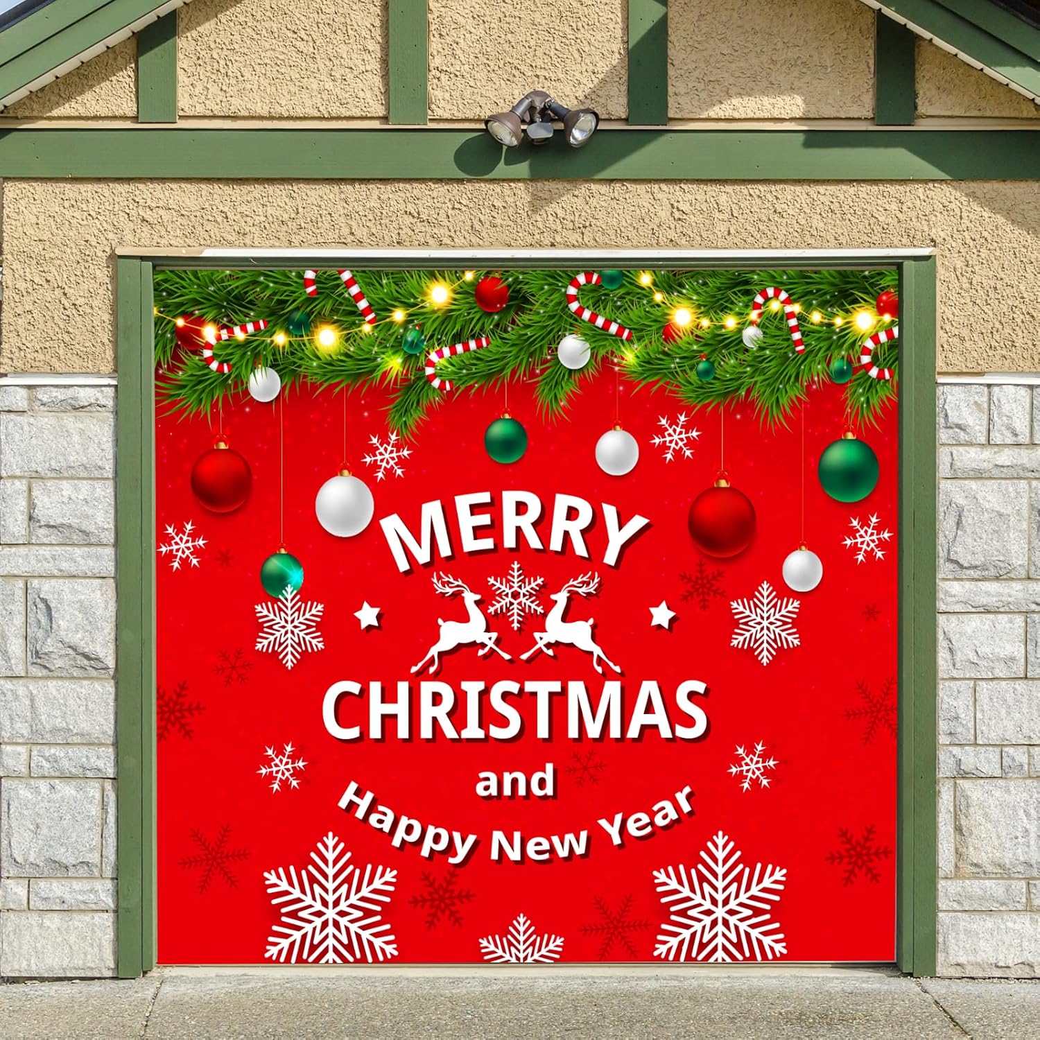 Christmas Garage Door Cover Mural 7X8 Ft - Red Xmas Banner Decorations Outside For Car Garage - Merry Christmas Holiday Banner