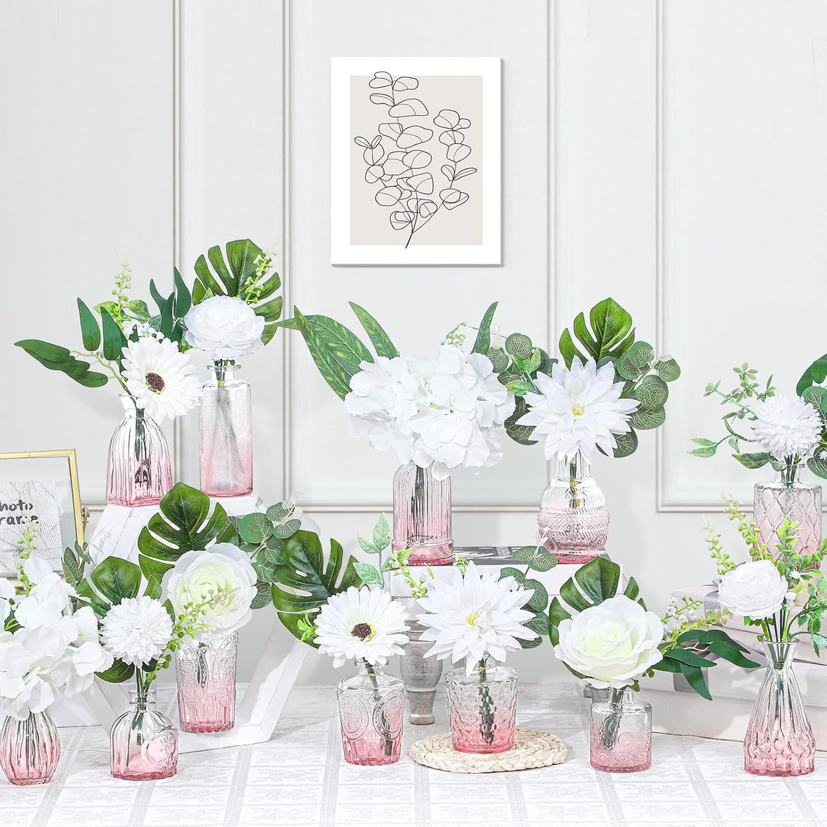 108 Pcs Artificial Flowers In Vase 96 Pcs Faux Greenery Stem Table Centerpiece Fake Plants Silk Roses Arrangement 12 Pcs Glass Vase Sets For Wedding Bathroom Home Dining Decor(White Pink)