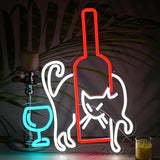 Cat Beer Neon Sign USB Dimmable LED Wall Light with Wine Glass for Home Bar Man Cave Decor