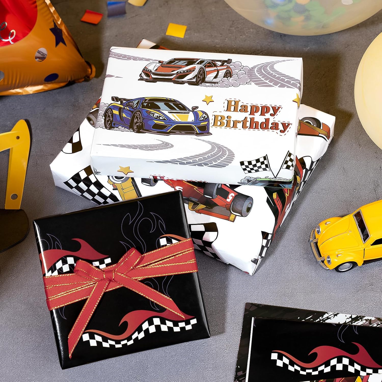 Race Car Birthday Wrapping Paper - 12 Sheet - Flames, Checkered Flags, Happy Birthday Text, Racing Cars & Tire Tread Pattern For Kids, Boys, Racing Lover - 27.5 X 19.6 Inches Per Sheet