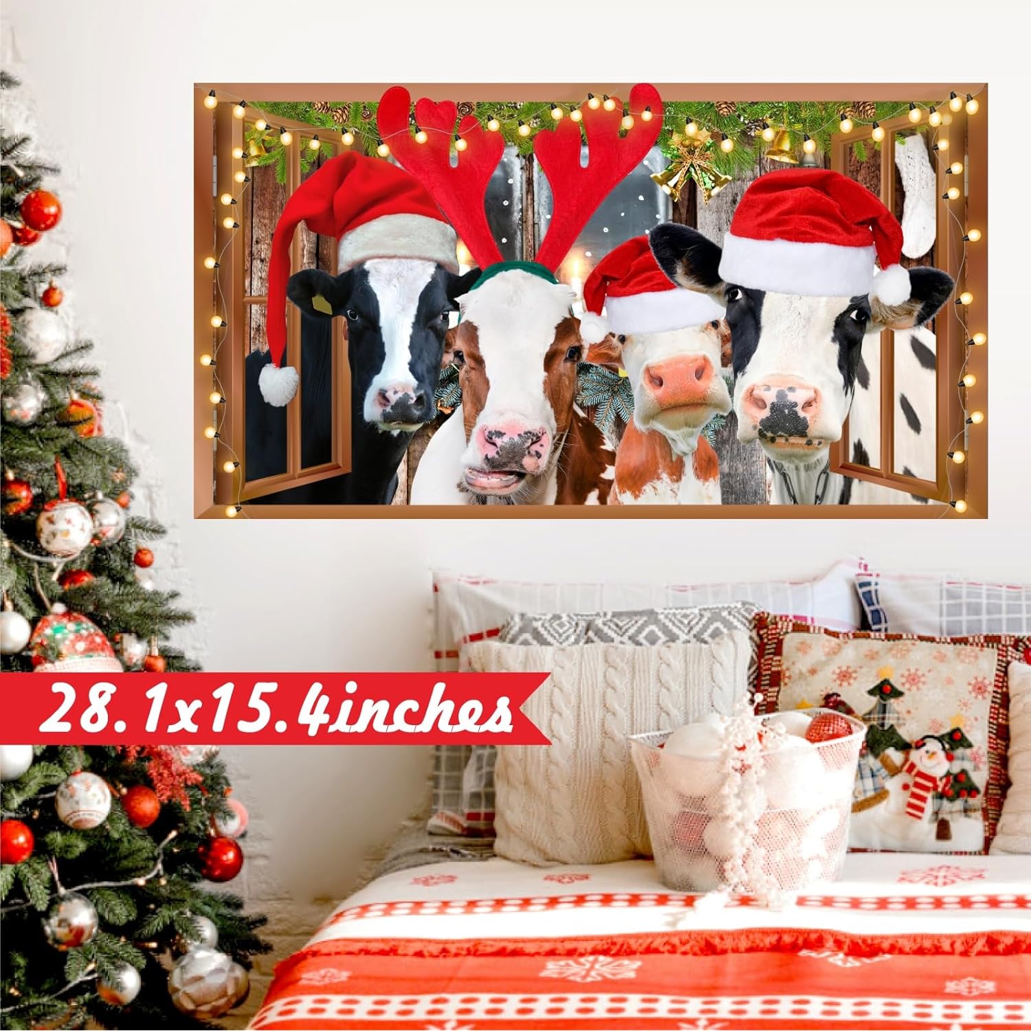 Funny Cow Wall Decals Christmas Wall Decoration Stickers Merry Christmas Vinyl Decal Peel And Stick 3D Fake Window Walls Sticker Cow Print Decor Farmhouse Animals Art Murals For Living Room Kitchen