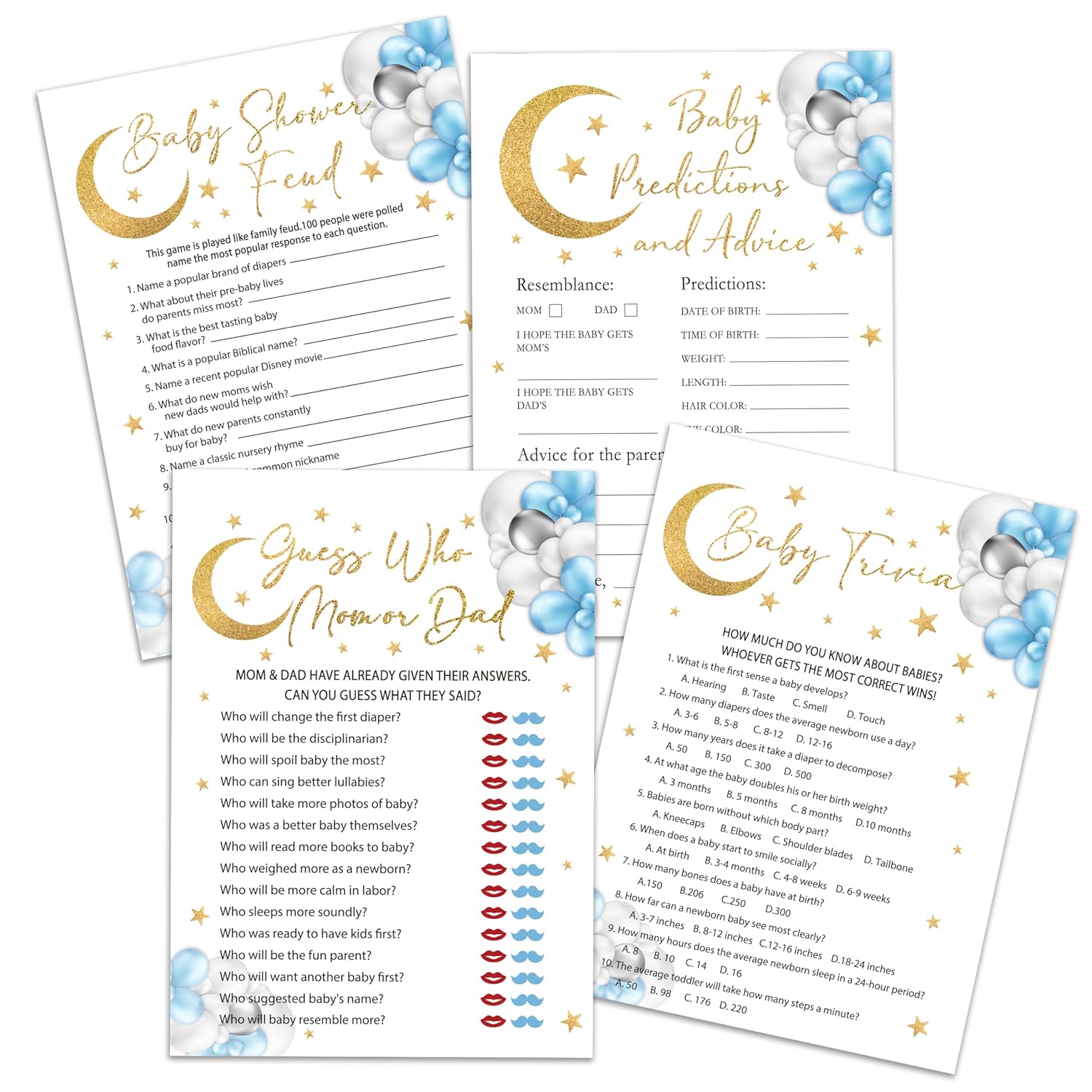 Moon Stars Baby Shower Games Set, 4 Games Includes Trivia, Baby Shower Feud, Predictions And Advice, Find Who Mom Or Dad, 50 Double-Sided Cards & 1 Answer Key, Gender Reveal Supplies -02