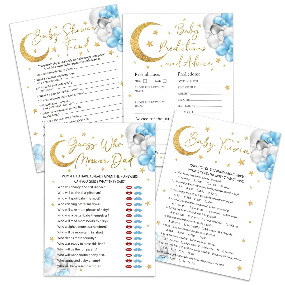 Moon Stars Baby Shower Games Set, 4 Games Includes Trivia, Baby Shower Feud, Predictions And Advice, Find Who Mom Or Dad, 50 Double-Sided Cards & 1 Answer Key, Gender Reveal Supplies -02