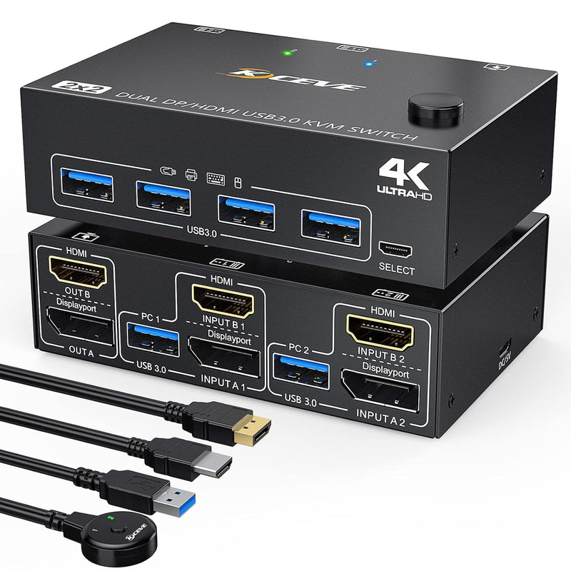 Usb 3.0 Dual Monitor Kvm Switch Displayport+ Hdmi 4K@60Hz,2K@120Hz,Hdmi Dp Ext