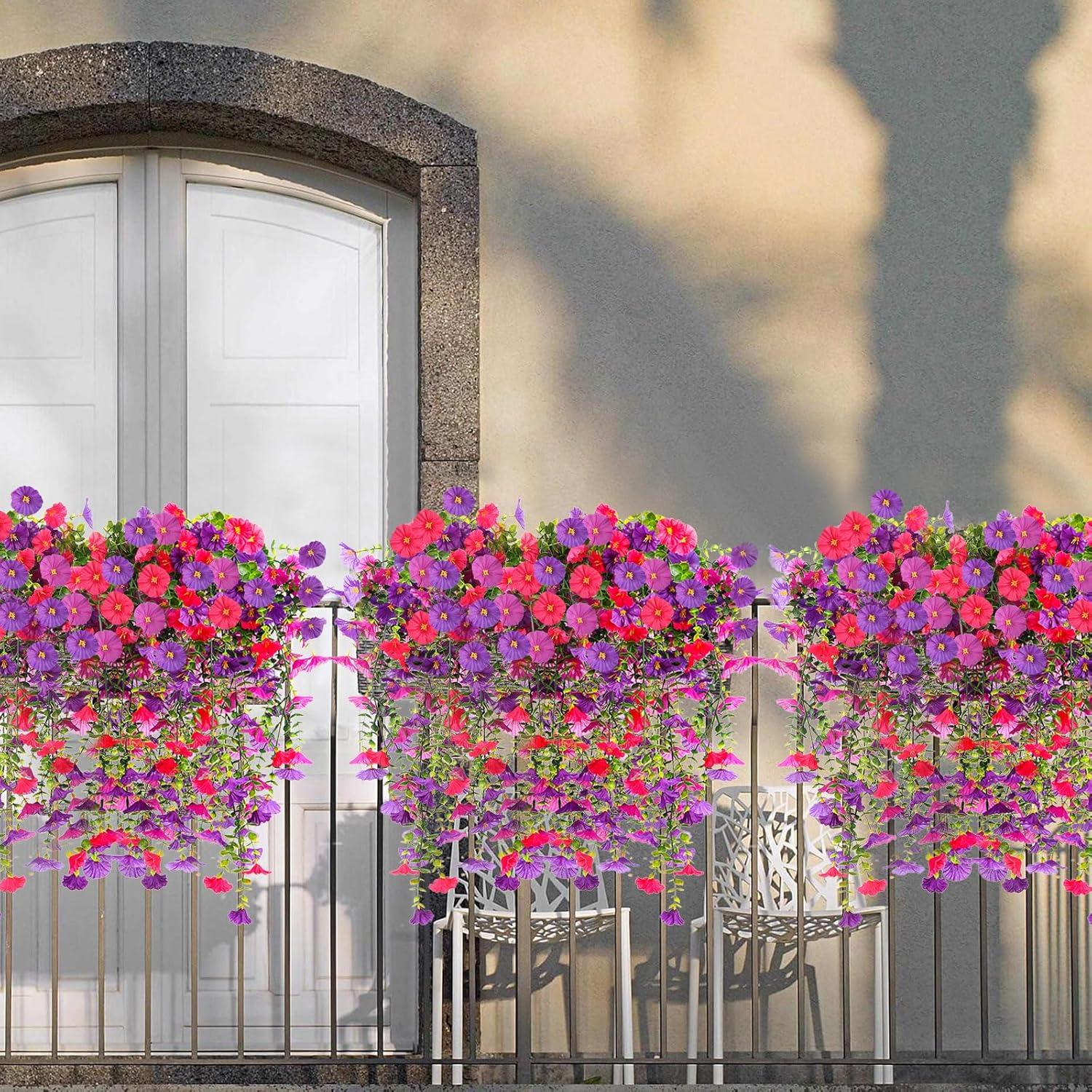 4Pcs Artificial Morning Glory Vines Spring Summer Hanging Flowers For Outdoor With Eucalyptus Leaf, Silk Flowers For Outside Home Garden Patio Decor