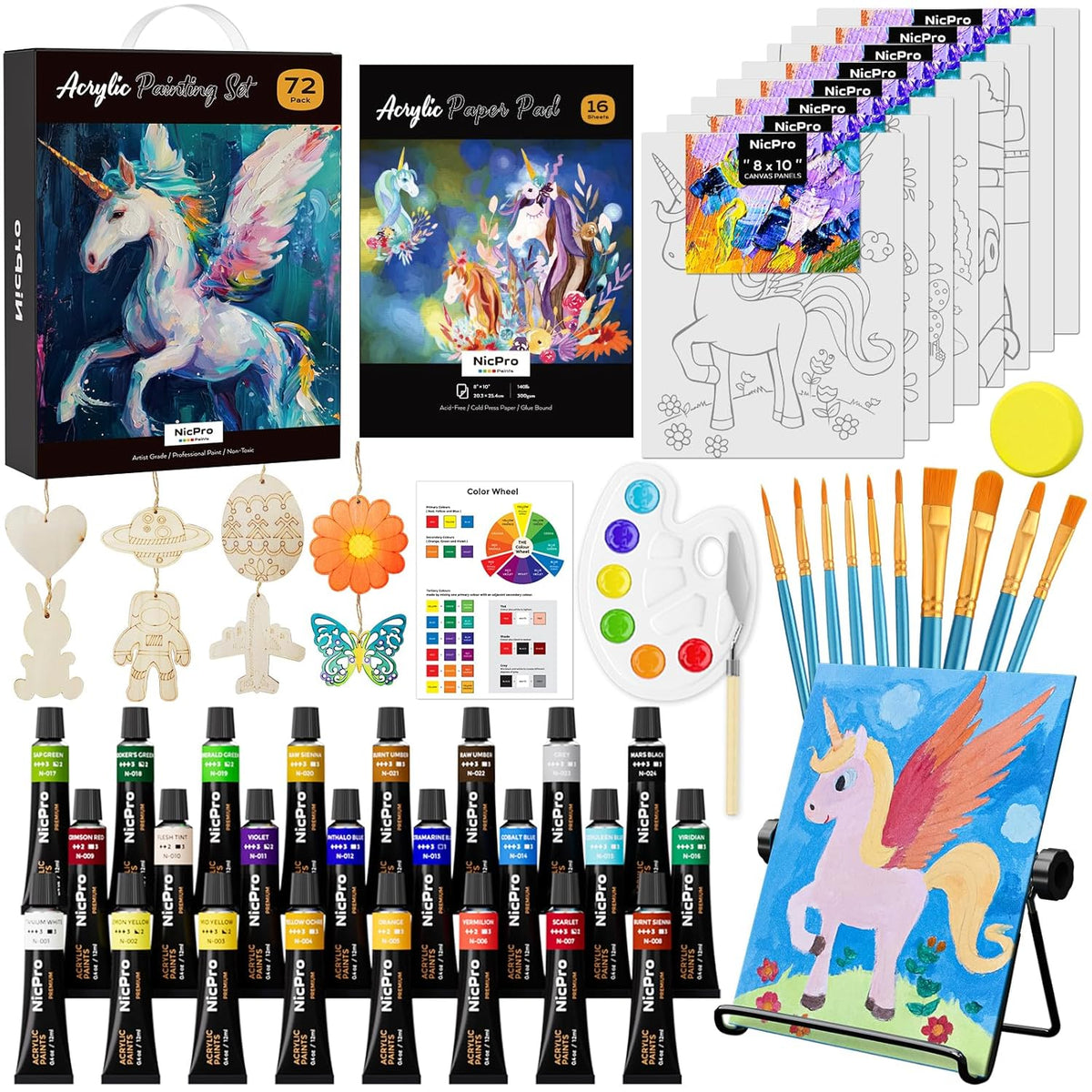 72Pcs Kids Painting Set With Pattern Canvas, Art Painting Supplies Kit With 24 Acrylic Paints,10 Brushes, 8 Canvas Panels,Table Easel,Paper Pad,Color Wheel,Palette For Beginner Students