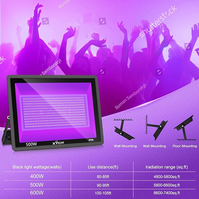 2 Pack 500W LED Black Light Flood Lights IP66 Waterproof Outdoor UV Glow Party Lighting