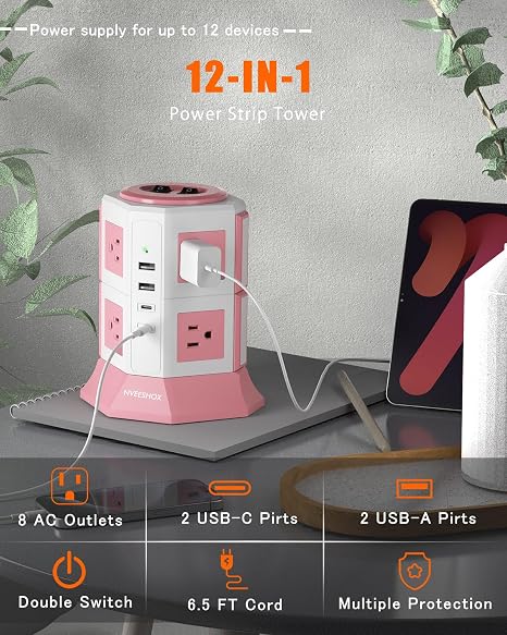 Power Strip Tower 8 Outlets 4 USB Ports 2 USB C 6.5FT Flat Plug Extension Cord White