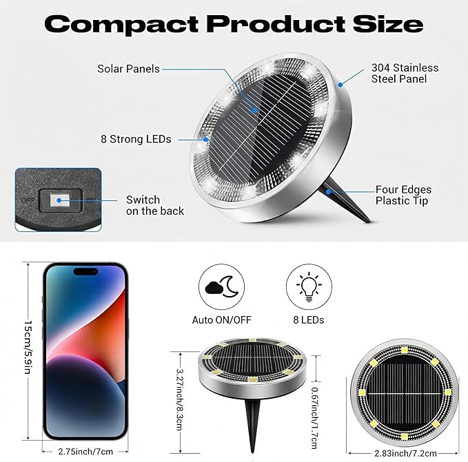 8 Pack Solar Ground Lights IP68 Waterproof Anti Rust Solar Pathway Landscape Lights