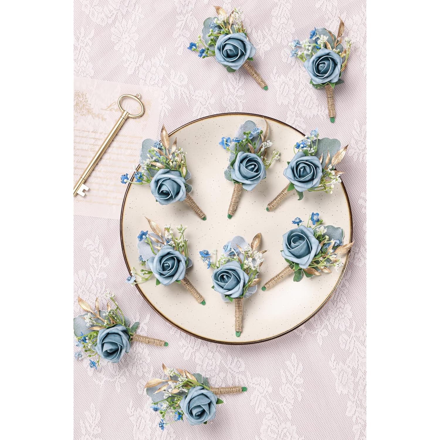 Rose Boutonnieres For Men Wedding Groom And Groomsmen Boutonniere For Rustic Fall Vintage Wedding Prom, Dusty Blue,Set Of 10