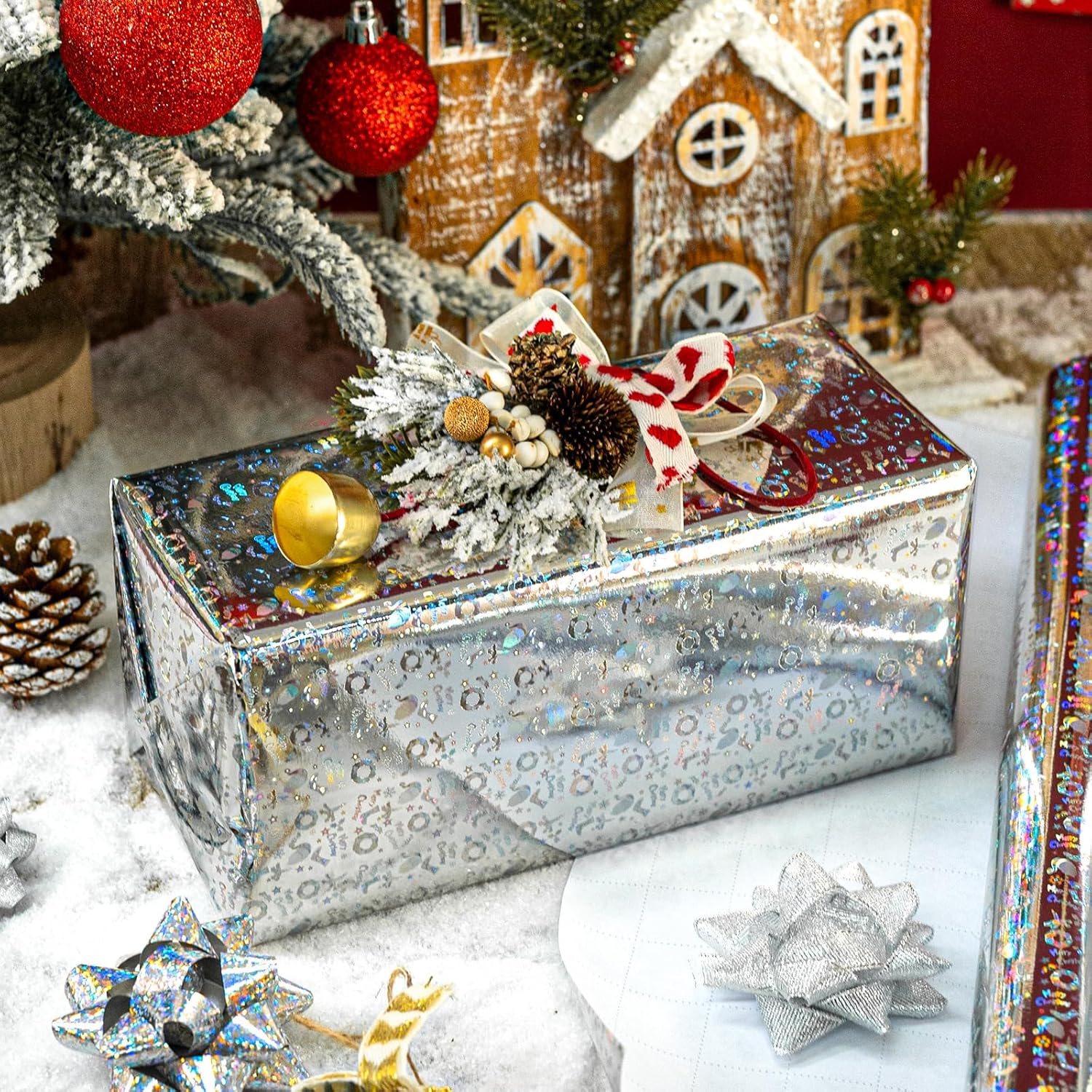 Silver Wrapping Paper Roll - 17 Inch X 32.8 Feet - Shiny Star, Festive Patterns, Merry Christmas Words Wrapping Paper For Christmas, Holiday, Party, Celebration