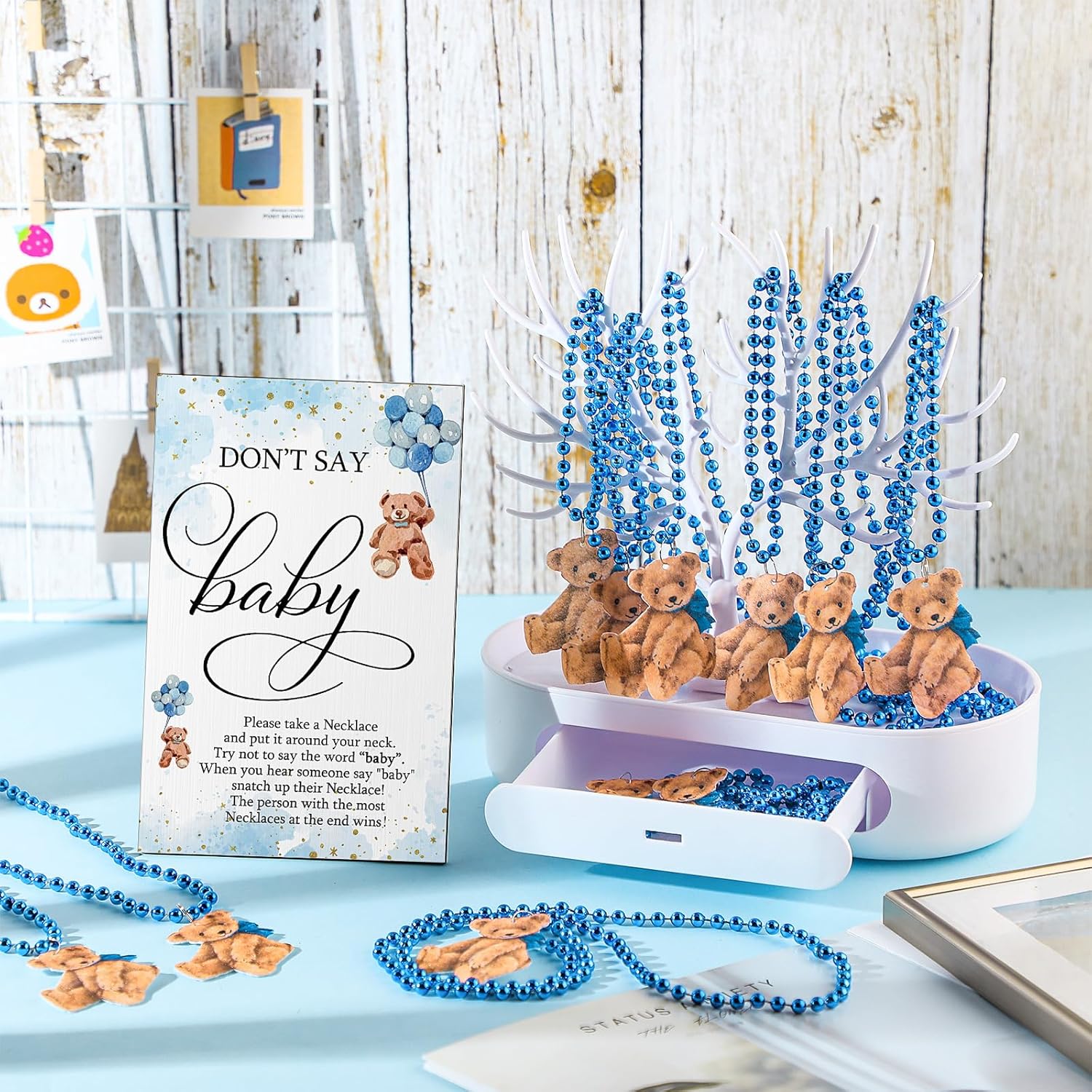 51 Pcs Don'T Say Baby Shower Game Wooden Bear Sign Table Decor Gift Sets 50 Bear Necklaces For Baby Shower Gender Reveal Games Party Favor(Blue)