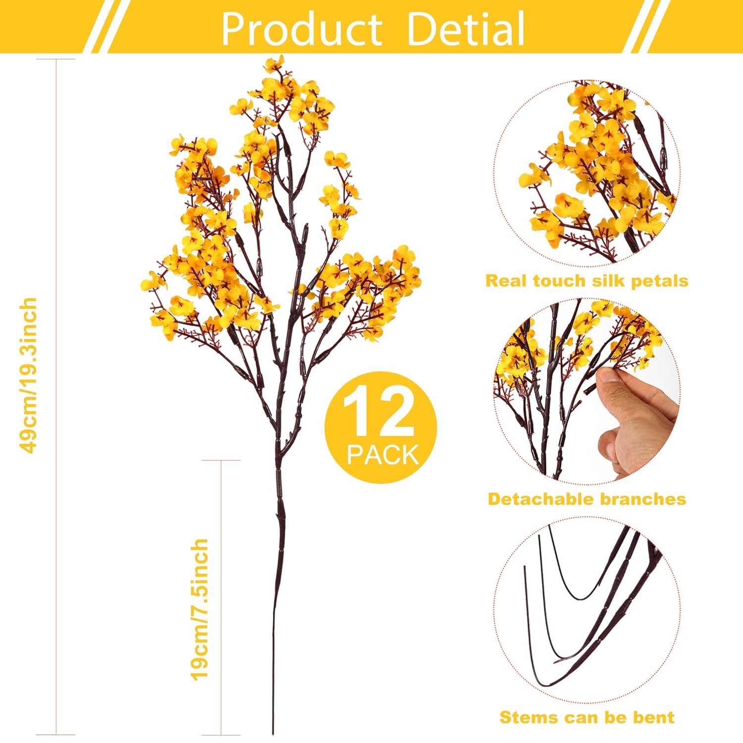 12 Pcs Fall Flowers Artificial For Decoration, Babys Breath Artificial Flowers Orange Fake Flowers Gypsophila Bouquet For Home Centerpiece Table Décor