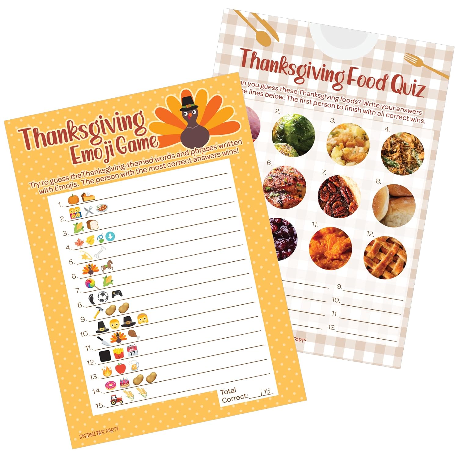 Thanksgiving Party Games, Turkey Emoji Game And Thanksgiving Food Quiz 2 Game Bundle - 25 Dual Sided Cards