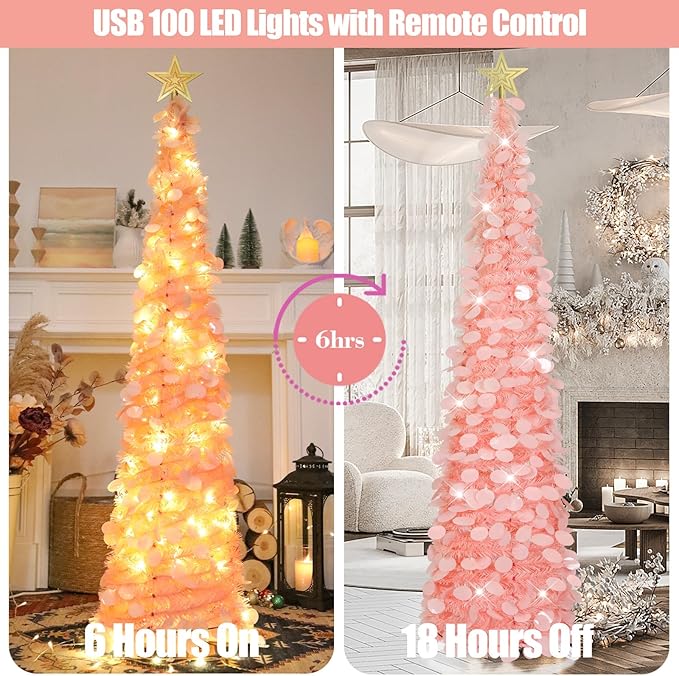 6 Ft Pop Up Christmas Tree With 100 Led Timer Lights & Remote, Pink Collapsible Christmas Tinsel Tree Artificial Pencil Tree Xmas Decoration For Holiday Home Office Party, Usb Powered