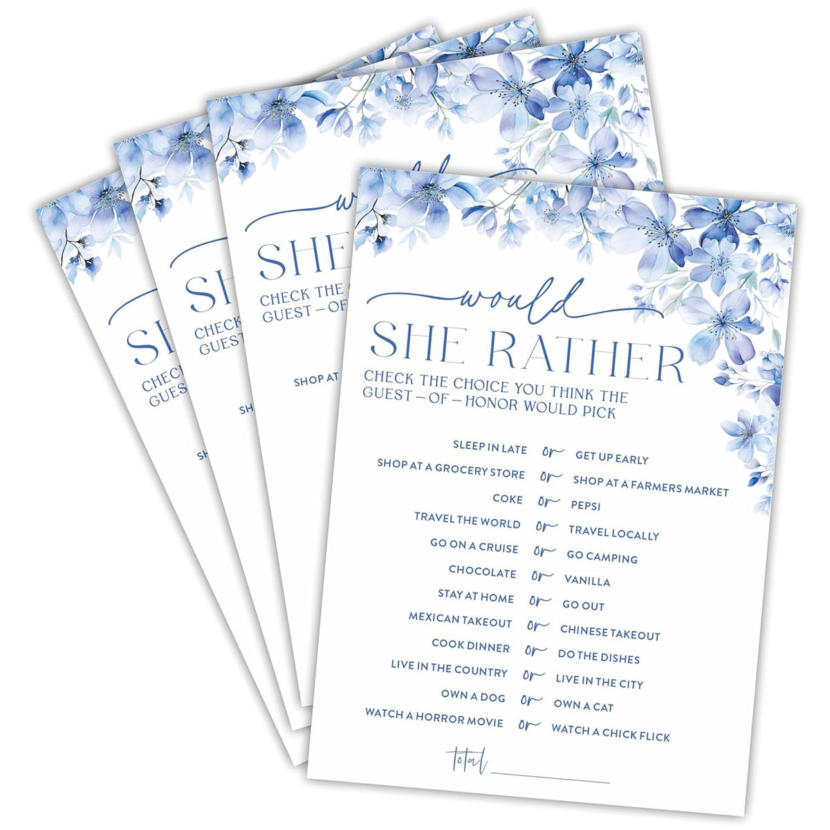 Would She Rather Bridal Shower Game - Blue Floral - 30 Pcs Double-Sided Fill-In Wedding Game Cards For Newlyweds, Engagement Party Activities & Decorations -A01